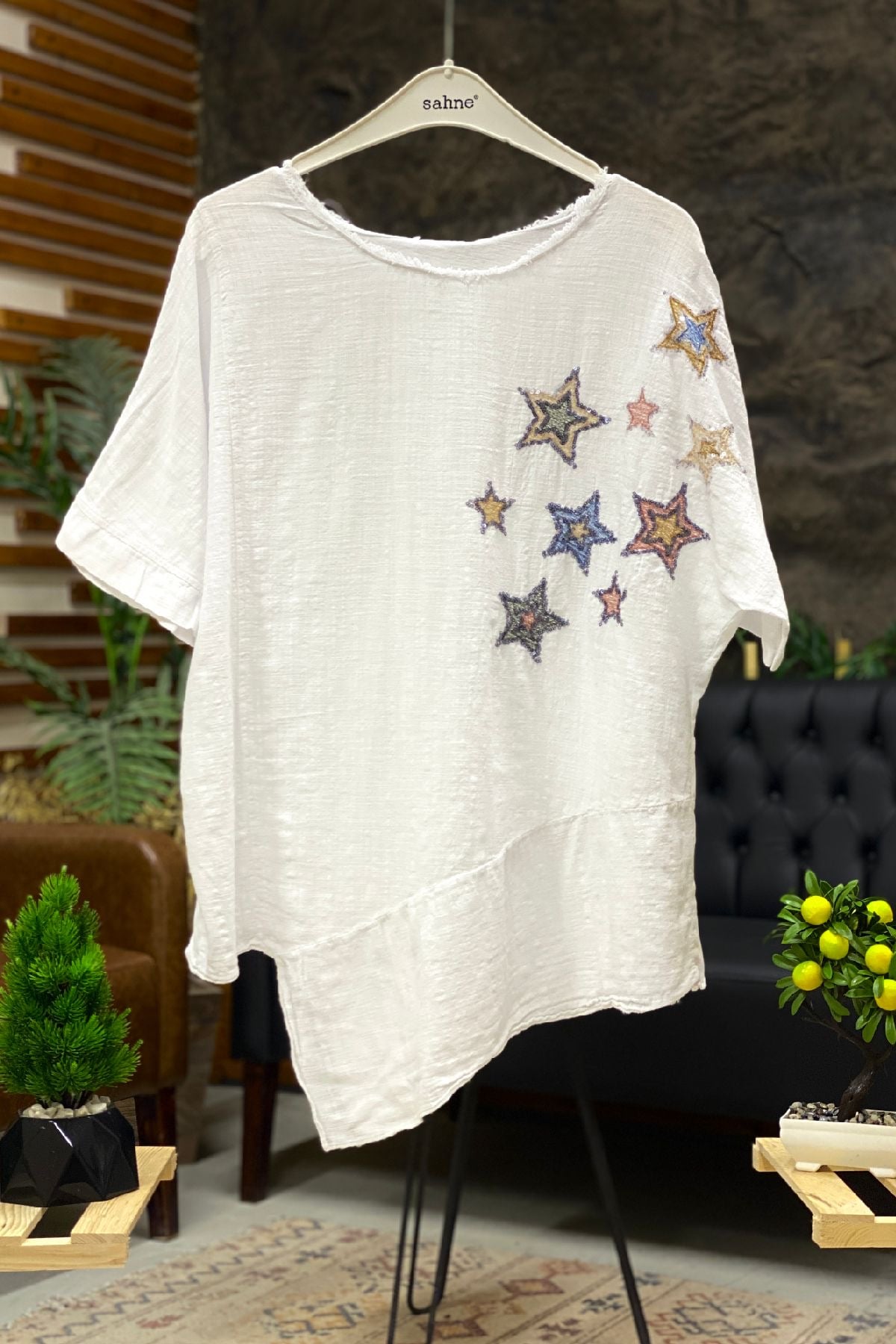 Star Sequin Short Sleeve Asymmetrical Linen Blouse