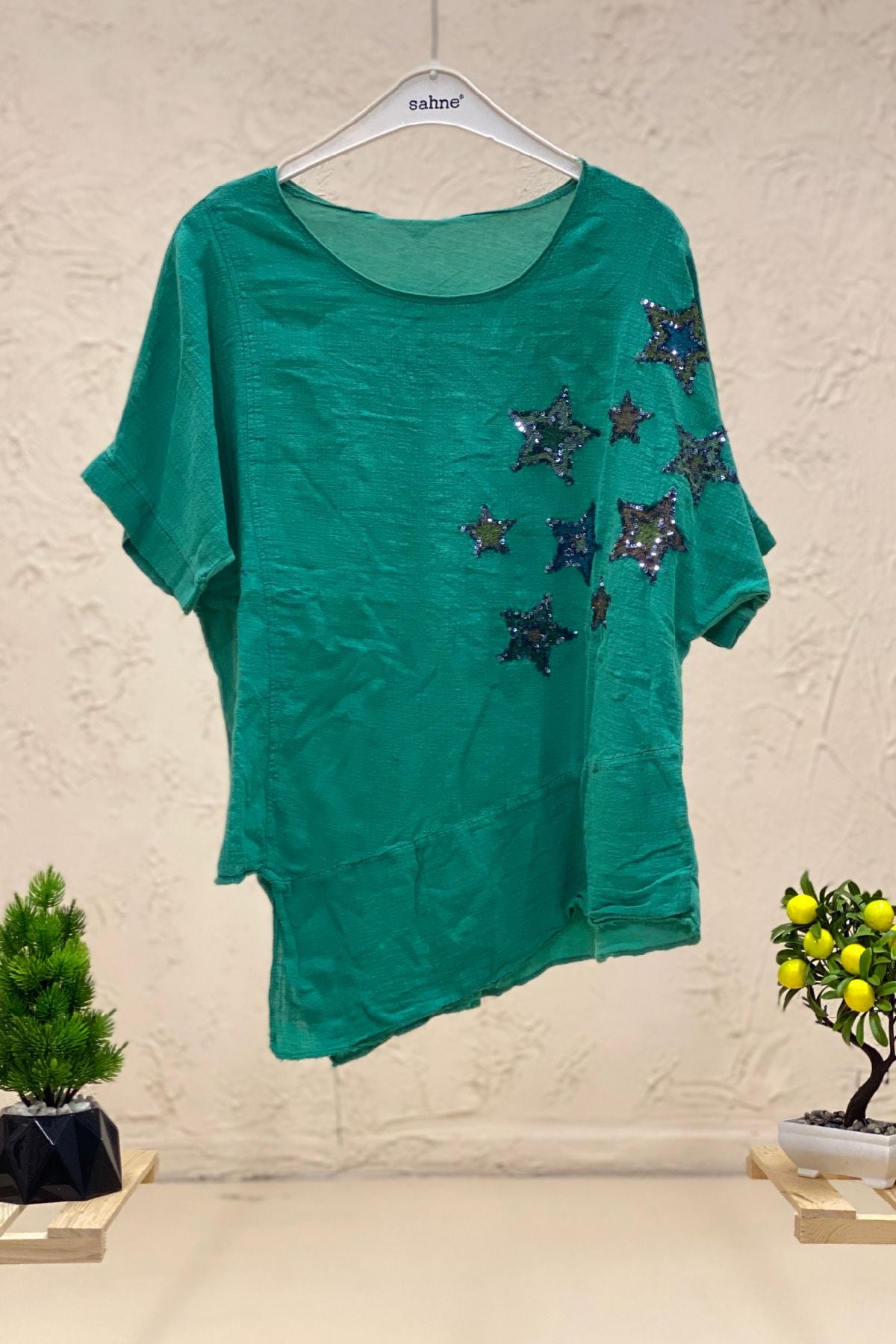 Star Sequin Short Sleeve Asymmetrical Linen Blouse