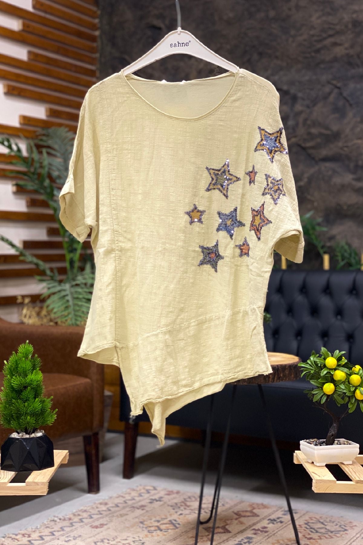 Star Sequin Short Sleeve Asymmetrical Linen Blouse
