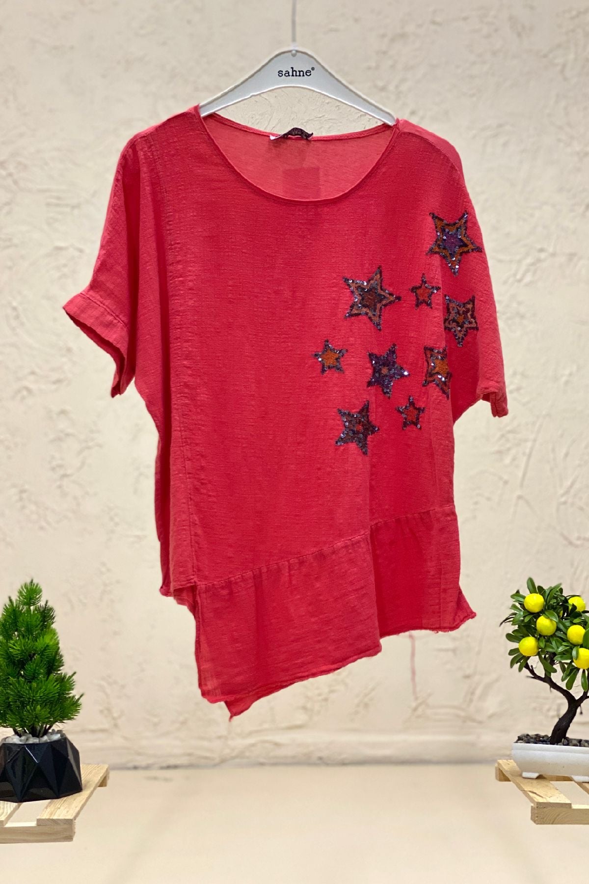 Star Sequin Short Sleeve Asymmetrical Linen Blouse