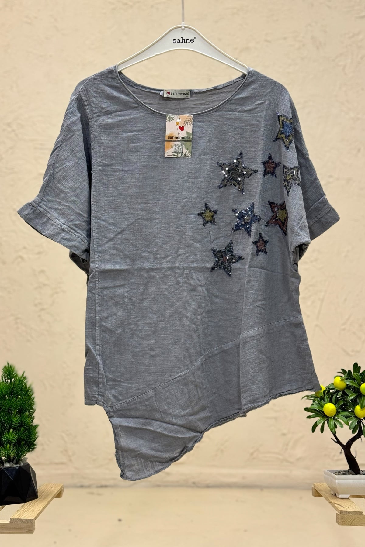 Star Sequin Short Sleeve Asymmetrical Linen Blouse