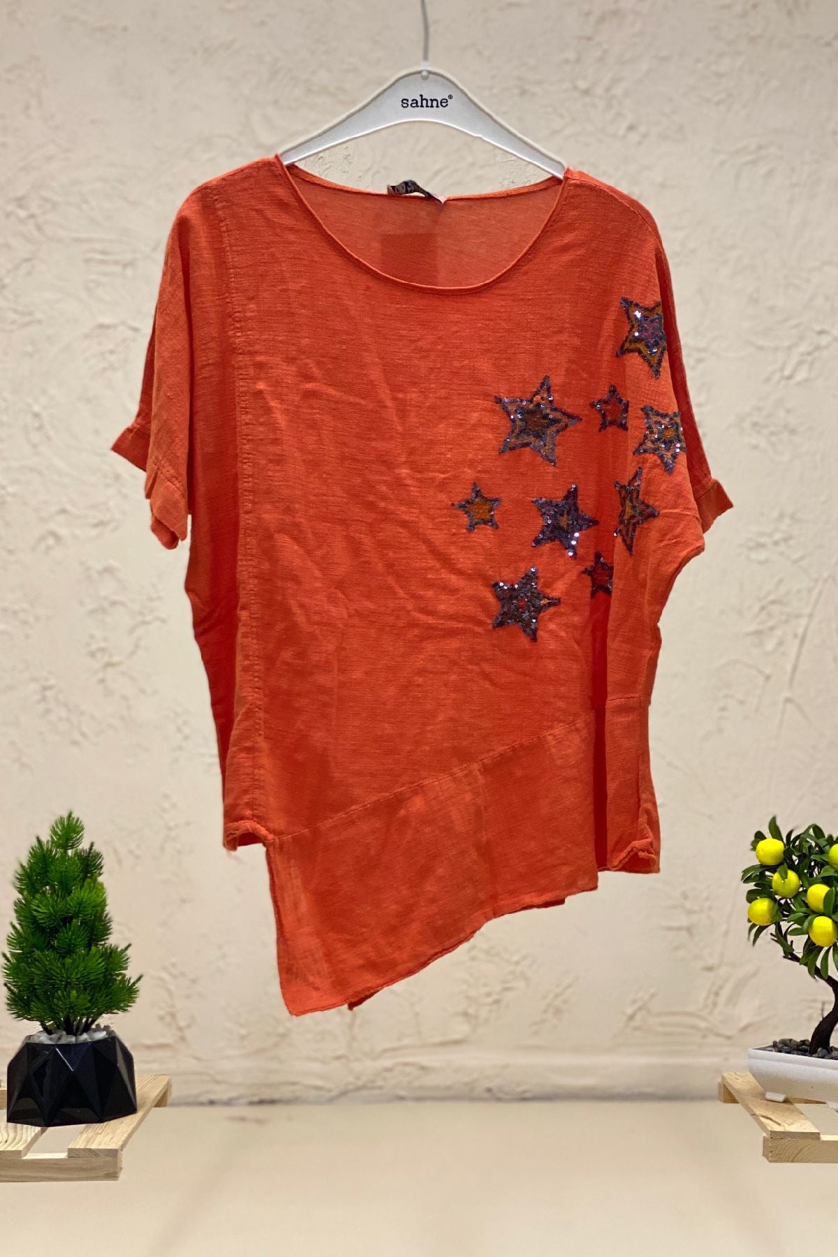 Star Sequin Short Sleeve Asymmetrical Linen Blouse