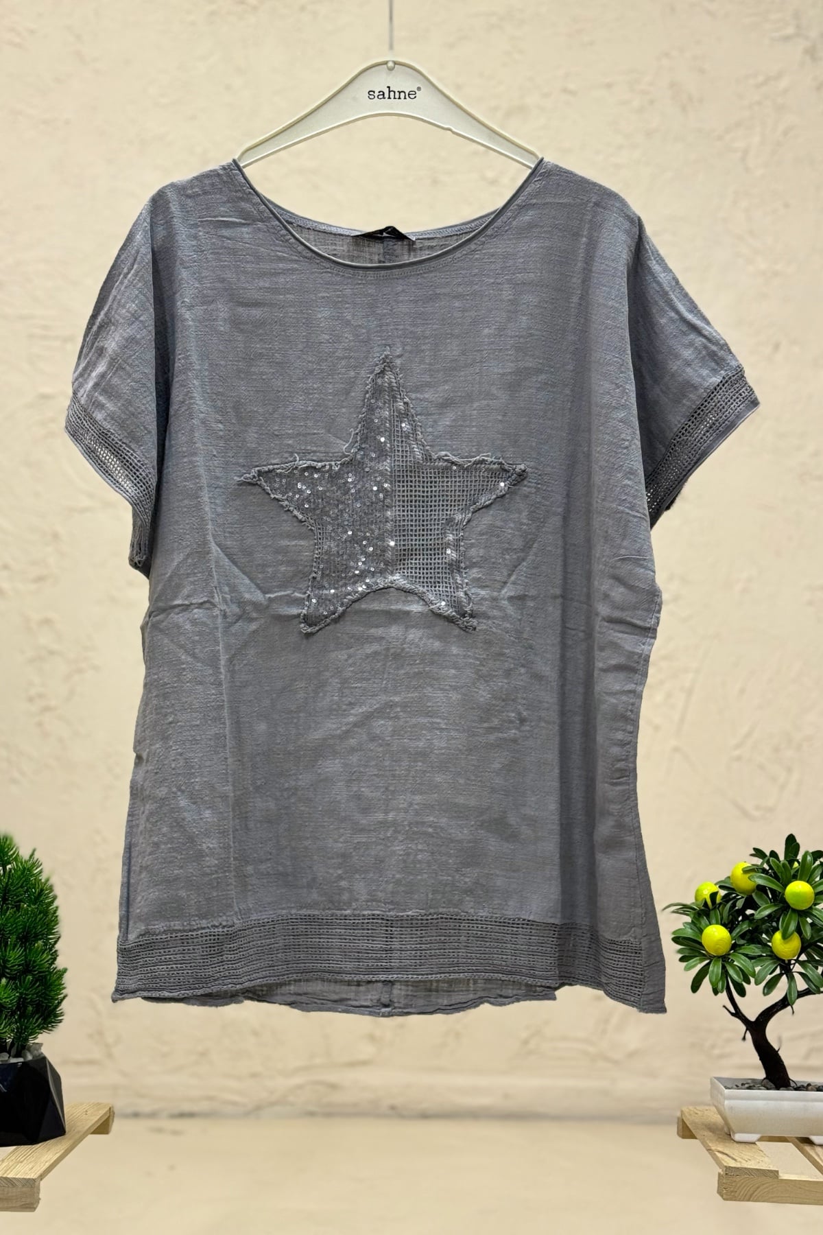 Yıldız Pullu Oversize Kısa Kol Salaş Bluz