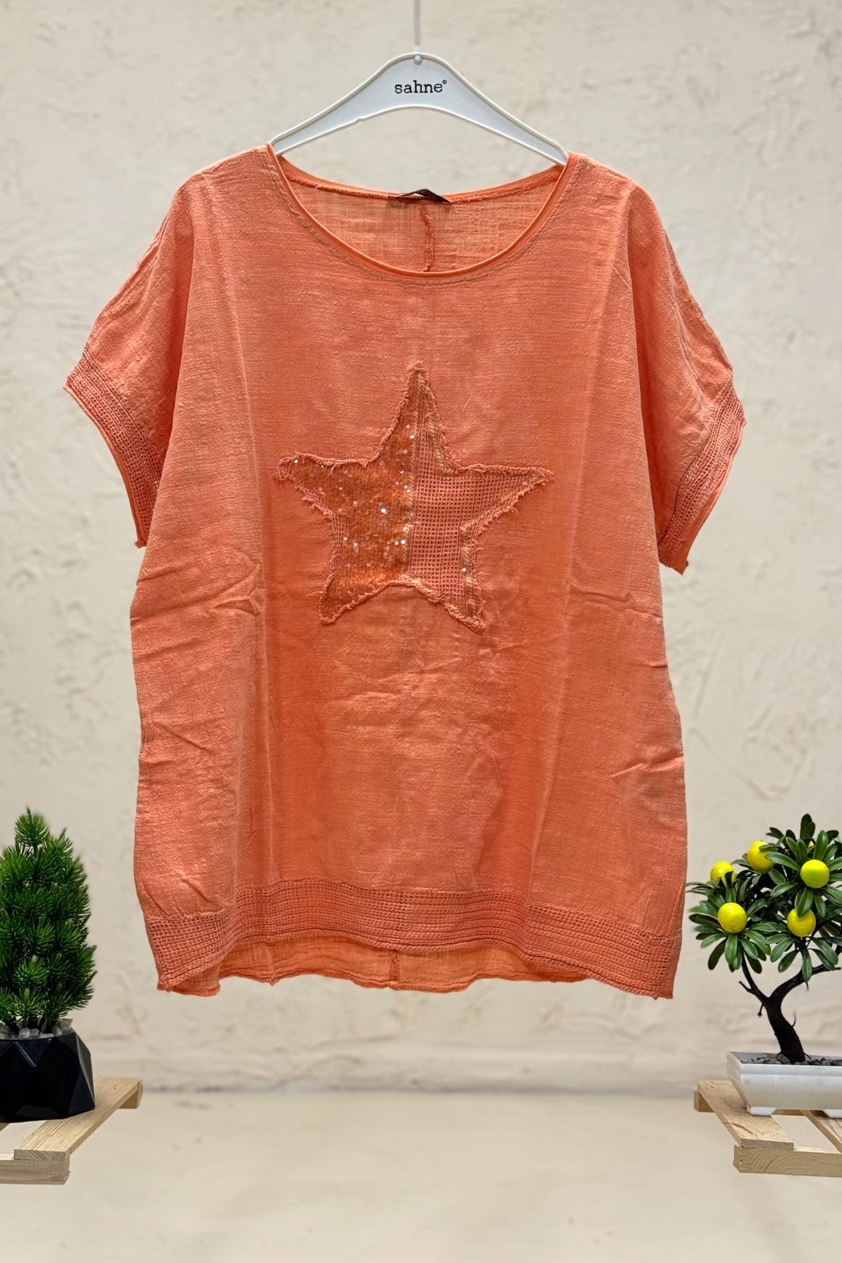 Yıldız Pullu Oversize Kısa Kol Salaş Bluz