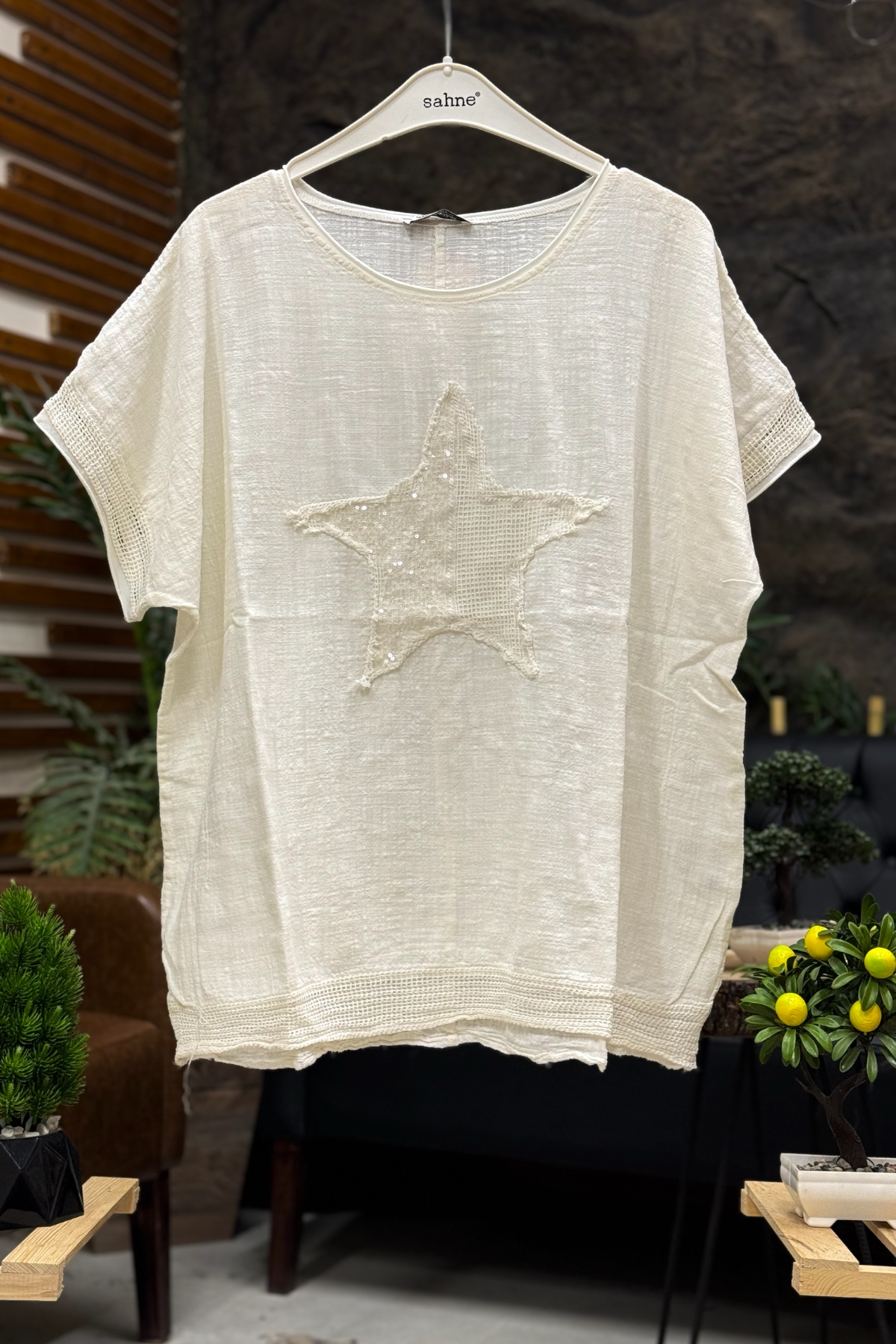 Yıldız Pullu Oversize Kısa Kol Salaş Bluz