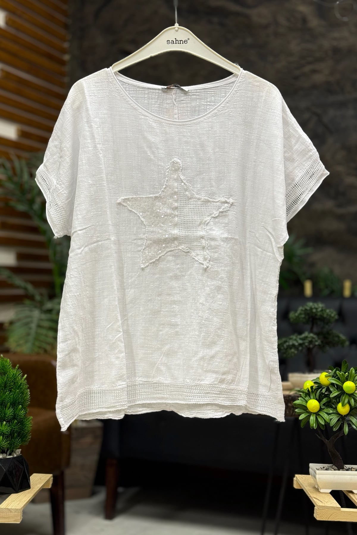 Yıldız Pullu Oversize Kısa Kol Salaş Bluz