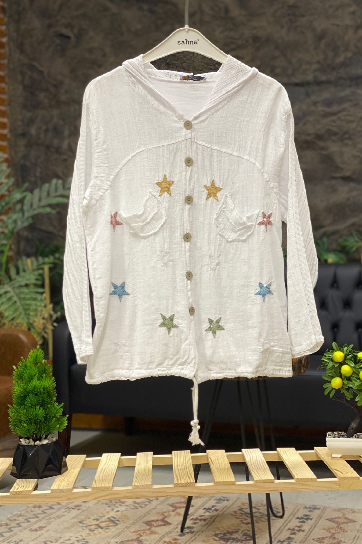 Starry Long Sleeve Hooded Linen Shirt