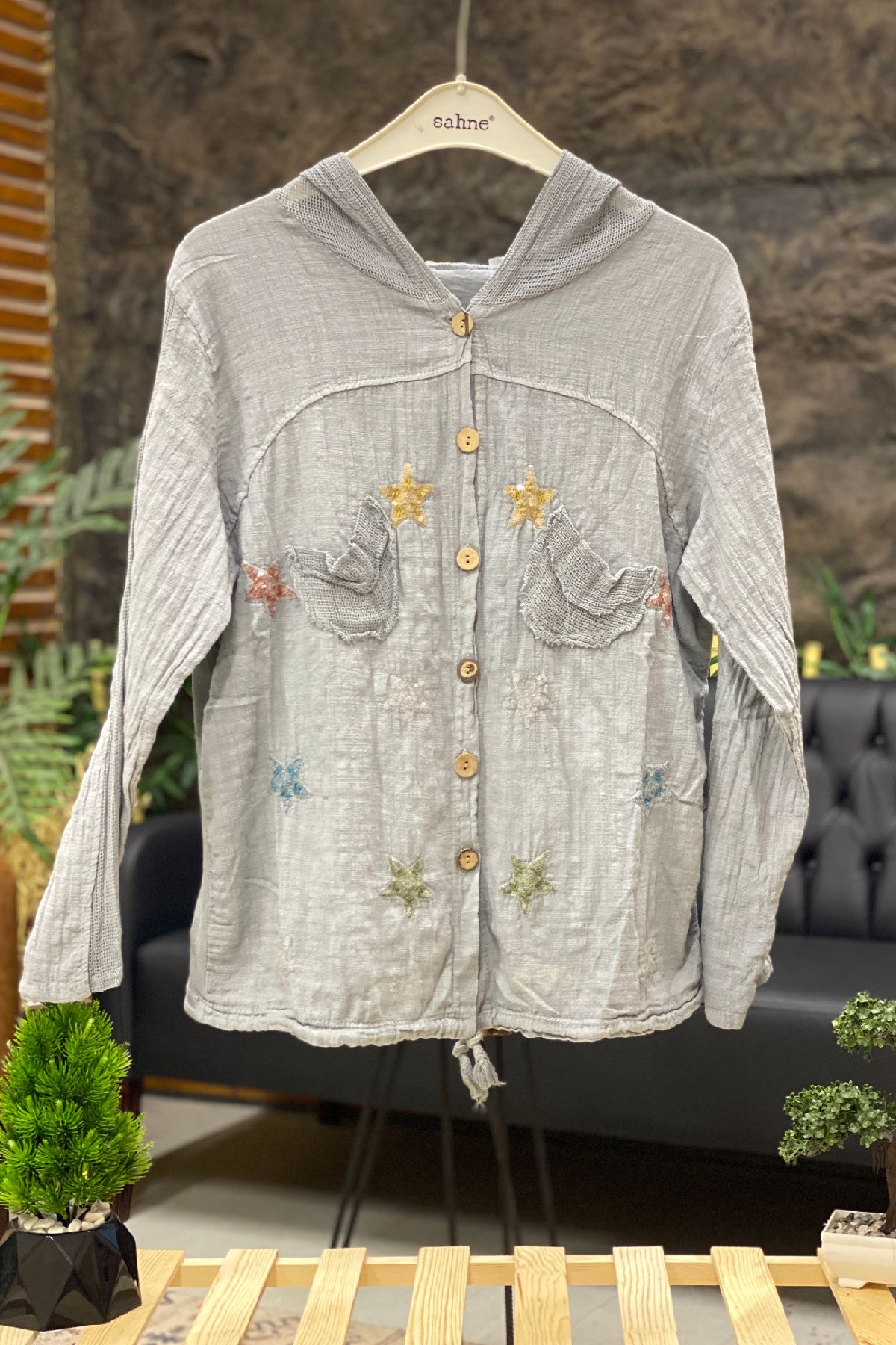 Starry Long Sleeve Hooded Linen Shirt