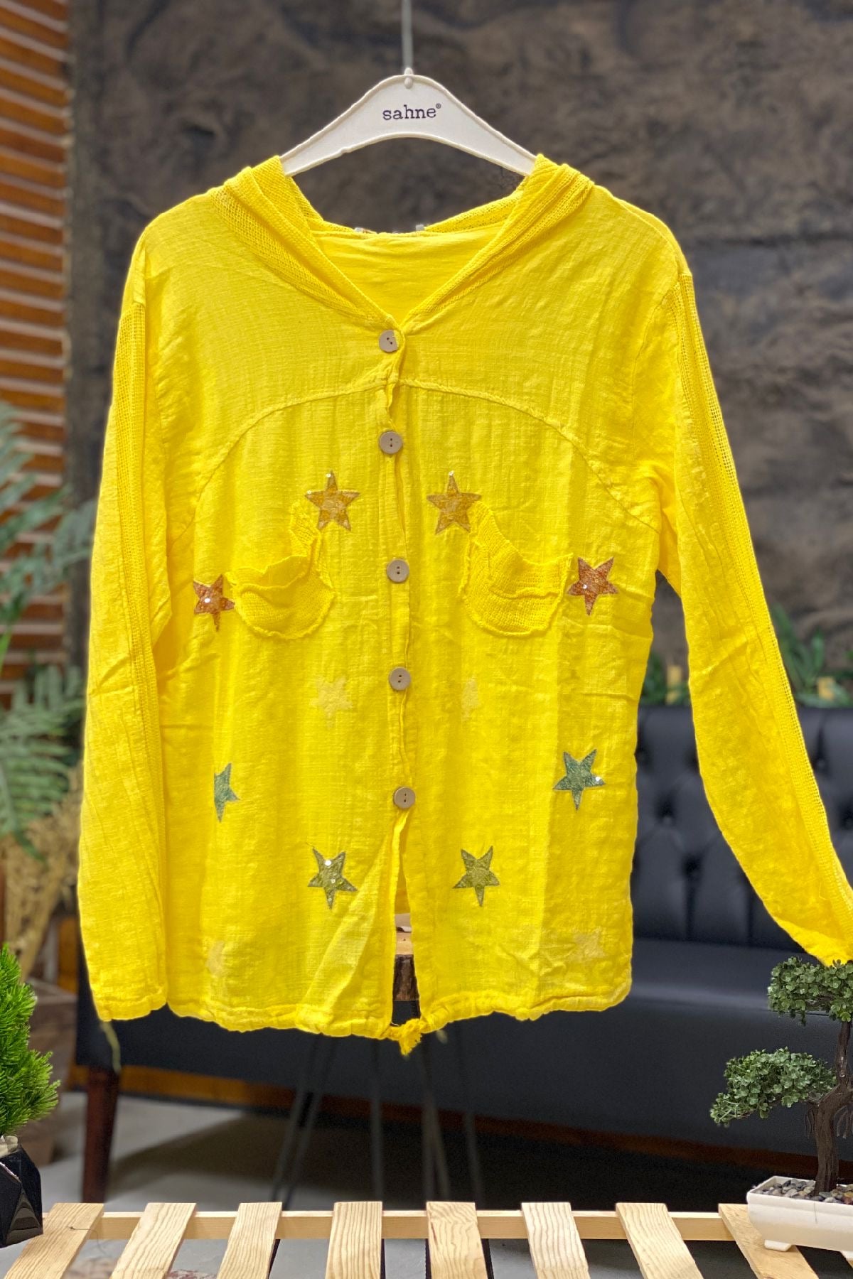 Starry Long Sleeve Hooded Linen Shirt