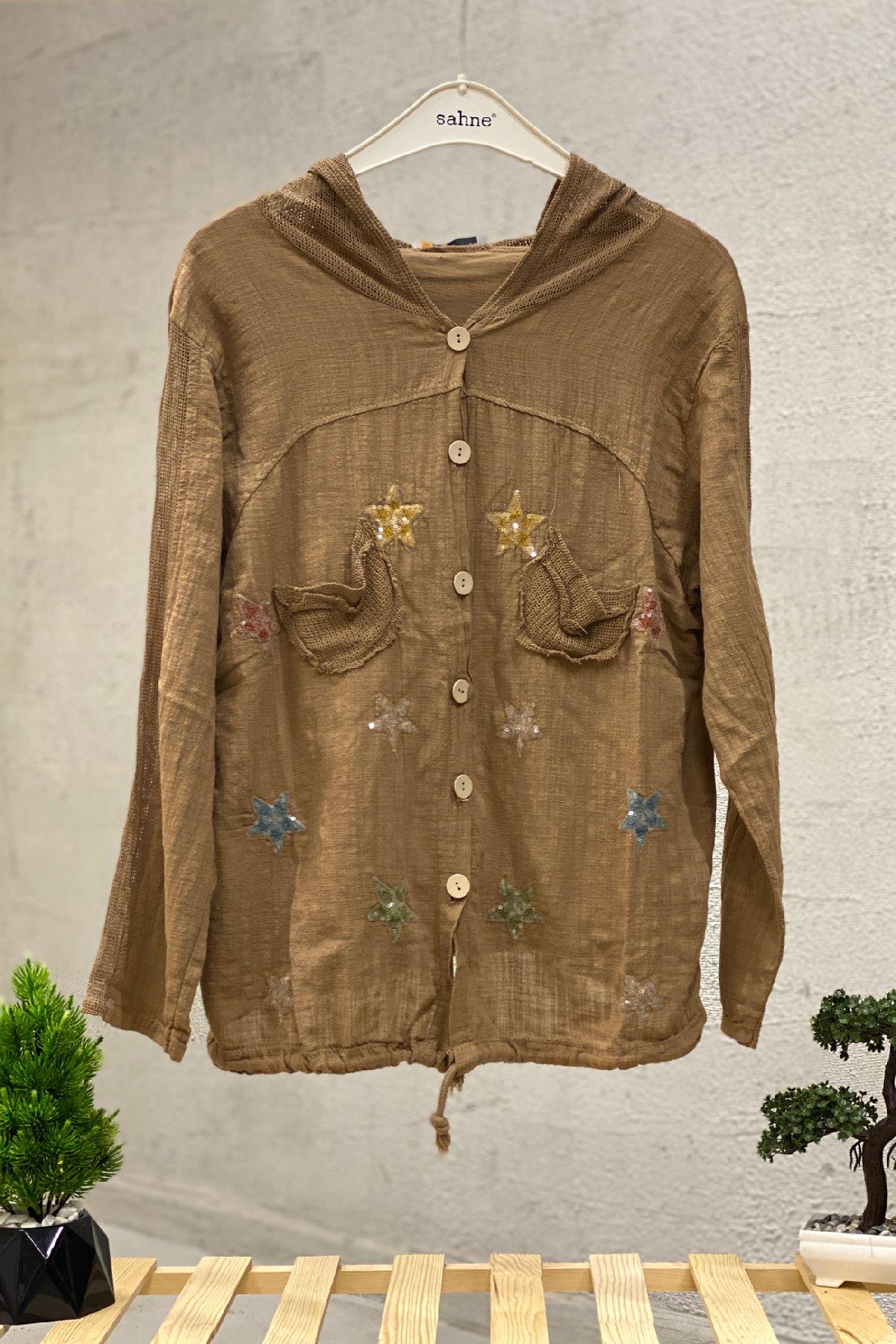 Starry Long Sleeve Hooded Linen Shirt