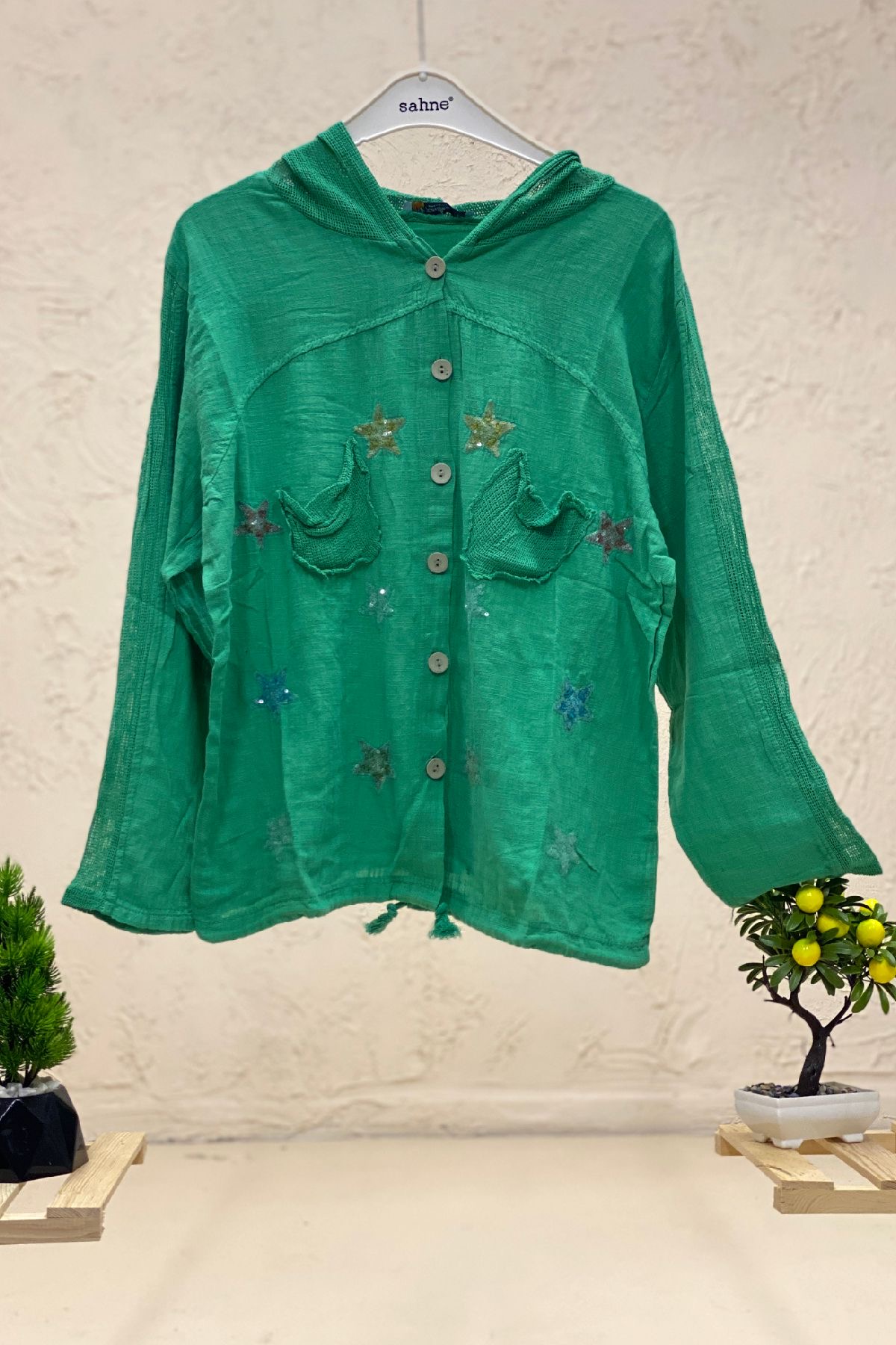 Starry Long Sleeve Hooded Linen Shirt