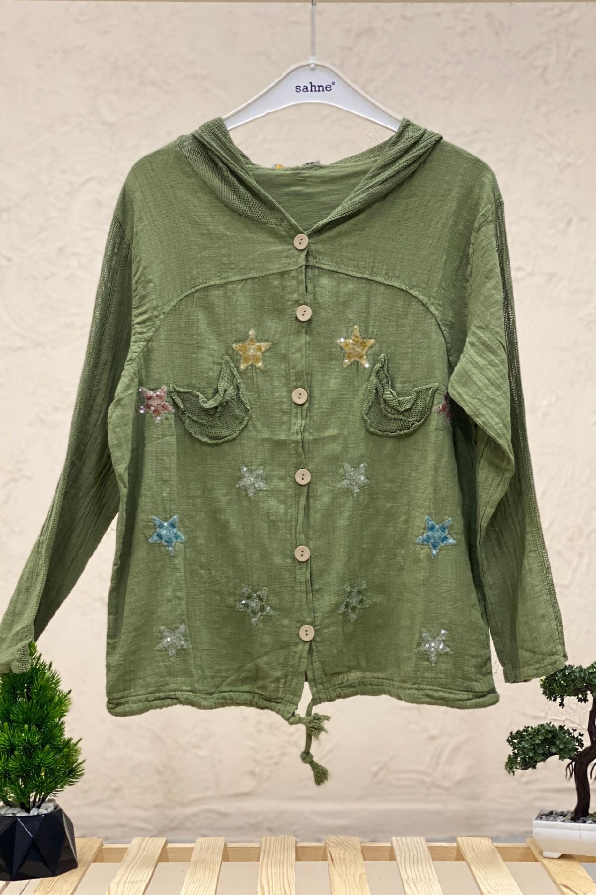 Starry Long Sleeve Hooded Linen Shirt