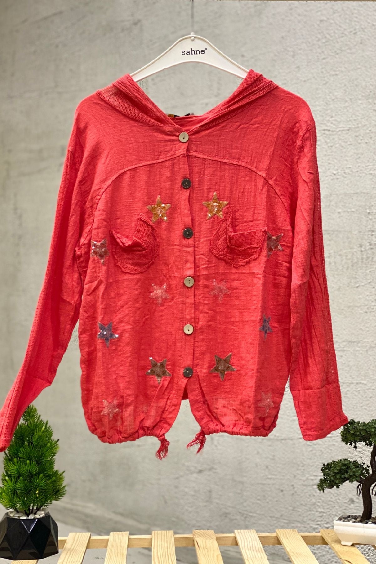 Starry Long Sleeve Hooded Linen Shirt
