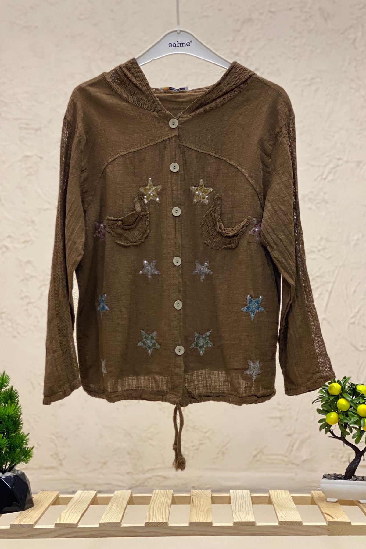 Starry Long Sleeve Hooded Linen Shirt