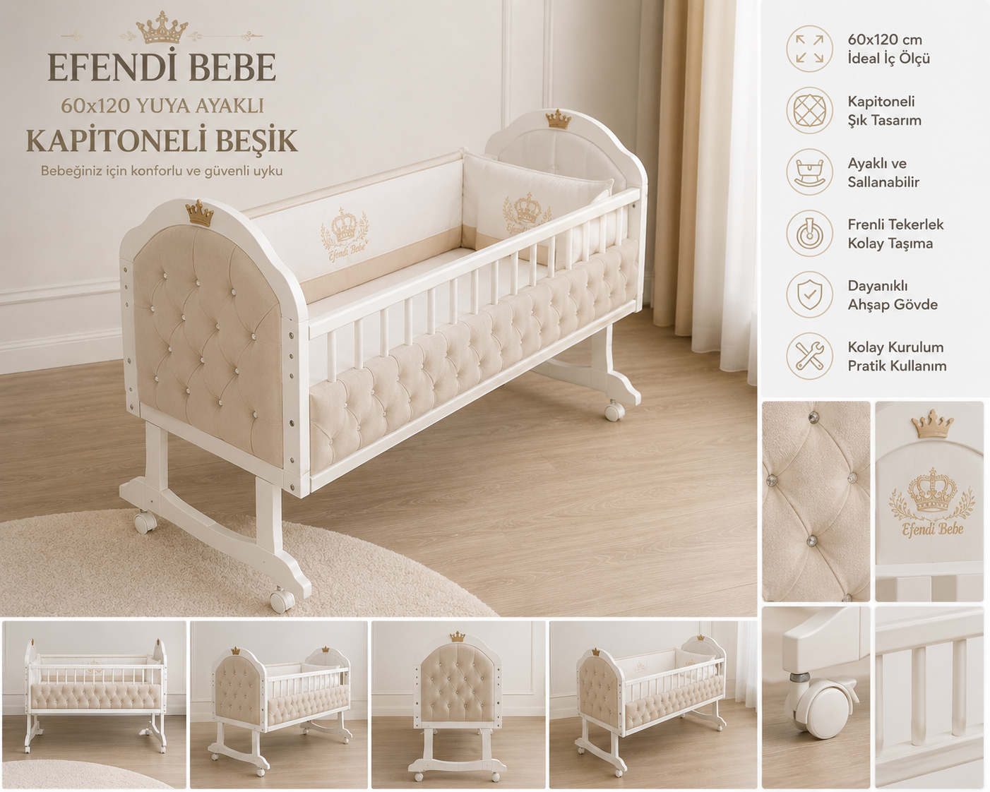 EFENDI BEBE 60X120 YUYA AYAKLI KAPITONELI BESIK