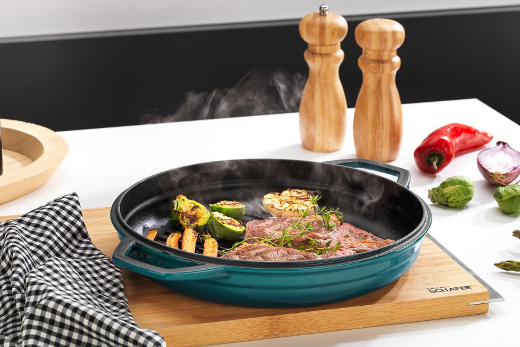 SCHAFER TUR02 385 GUSS CHEF DOKUM YUVARLAK GRILL TAVA CIFT KULPLU 28CM