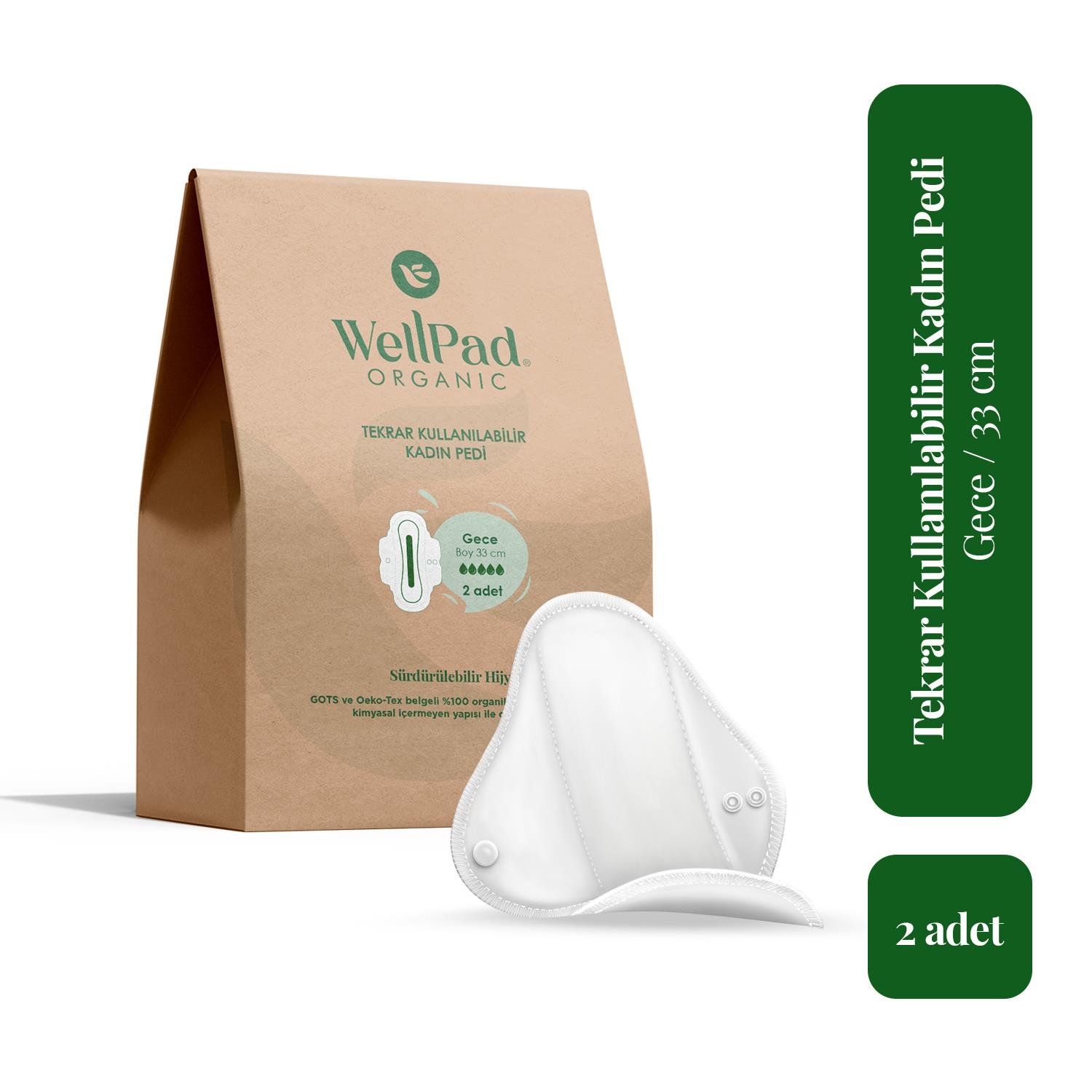 WellPad Organic Tekrar Kullanılabilir Hijyen ve İdrar Kaçırma Pedi - Gece 2'li