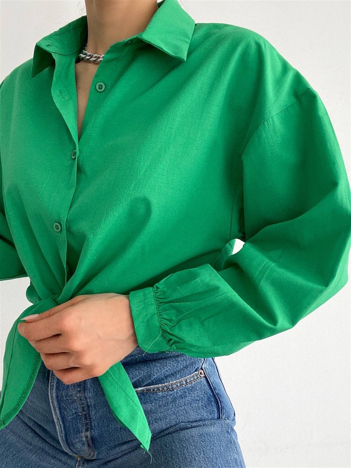 Ön Bağlamlı Terikoton Gömlek Yeşil