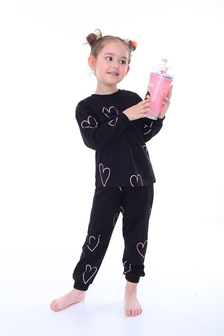  %100 Pamuk Kalp Desenli Siyah Kız Çocuk Pijama Takımı