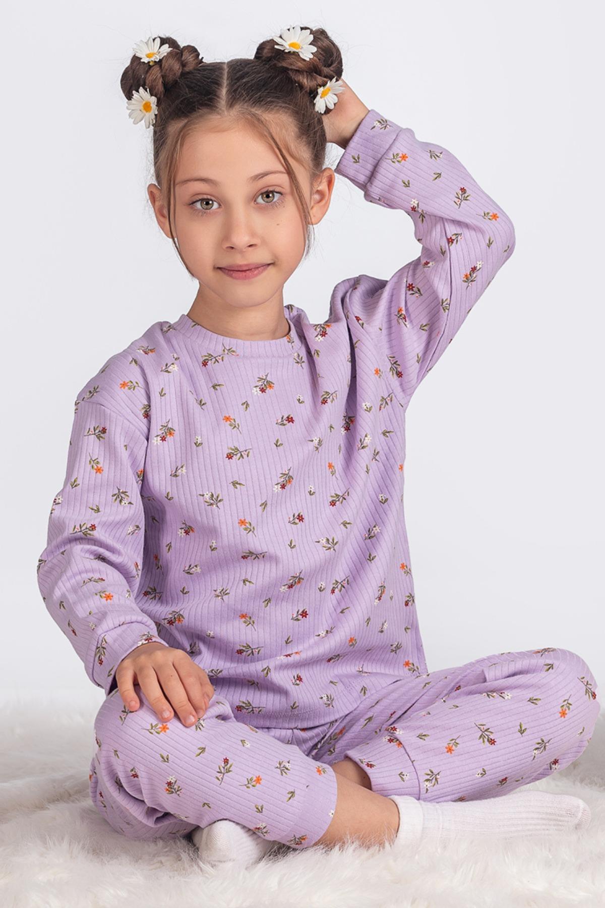  %100 Pamuk Kır Çiçeği Desenli Kız Çocuk Pijama Takımı - Lila