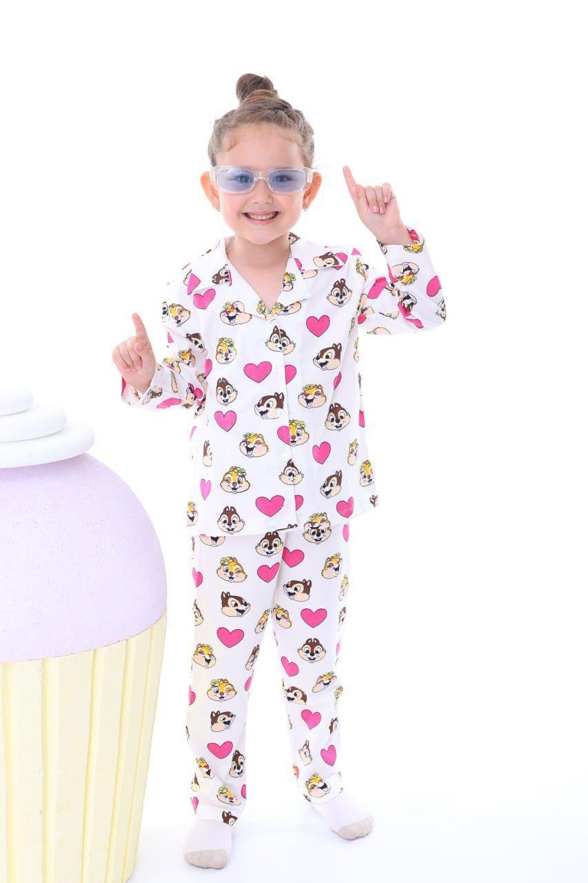  %100 Pamuk Sevimli Sincap Desenli Düğmeli Çocuk Pijama Takımı
