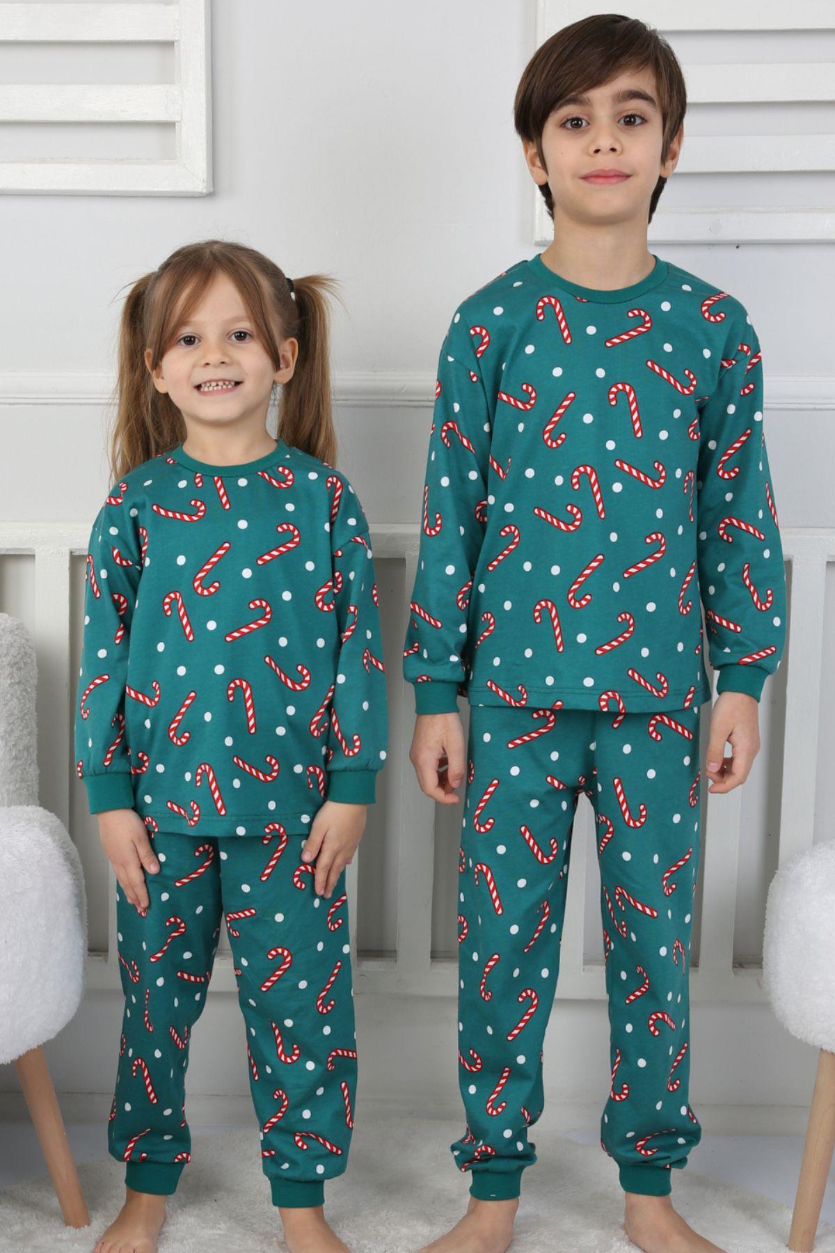 🎄 Yılbaşı Şeker Desenli %100 Pamuk Unisex Çocuk Pijama Takımı 🎄 Yeşil