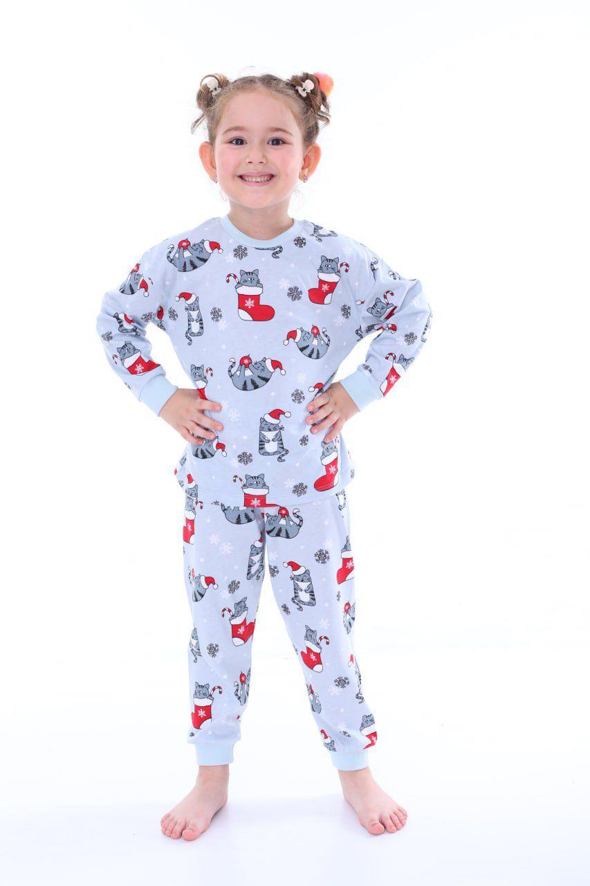 🎄 Yılbaşı Temalı %100 Pamuk Kedicik Desenli Çocuk Pijama Takımı 🎄