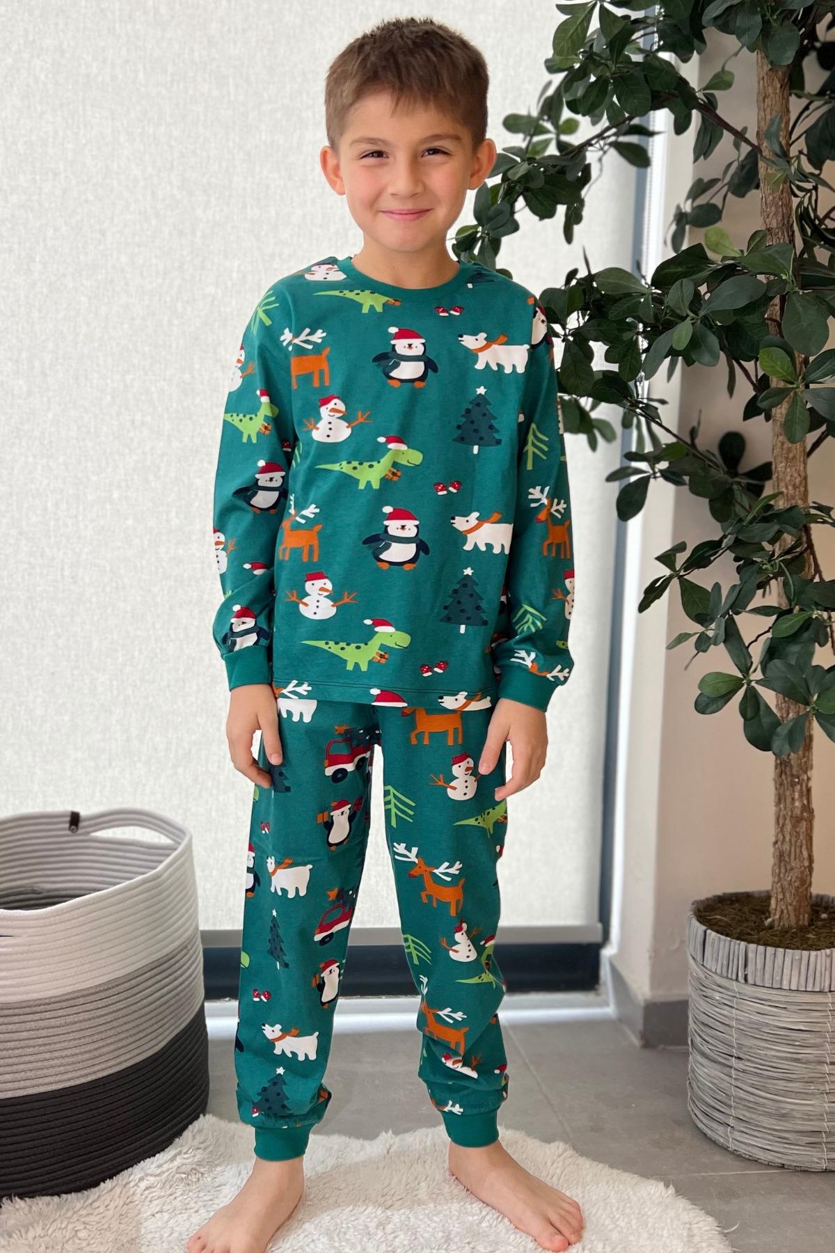 🎄 Yılbaşı Temalı %100 Pamuk Unisex Çocuk Pijama Takımı 🎄 Yeşil