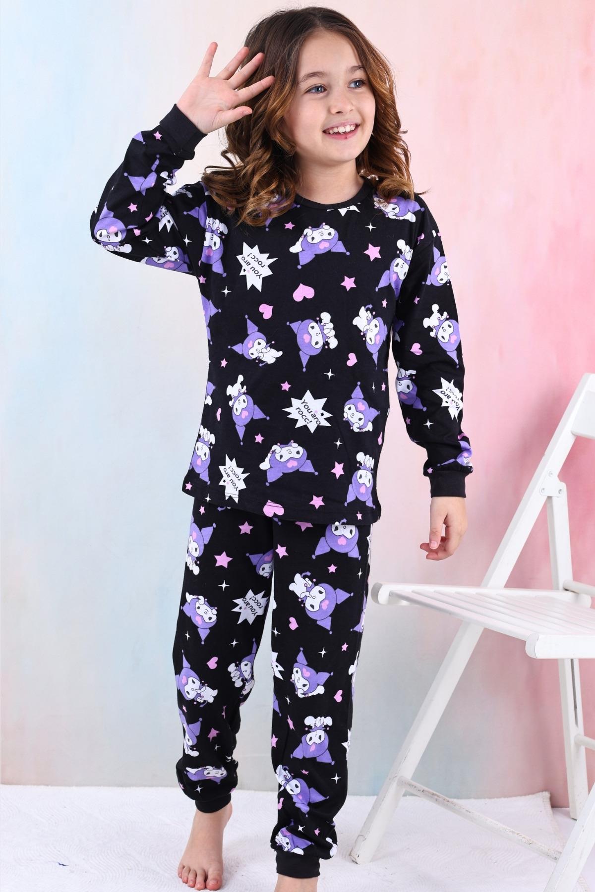 %100 Pamuk Kuromi Kız Çocuk Pijama Takımı - Siyah