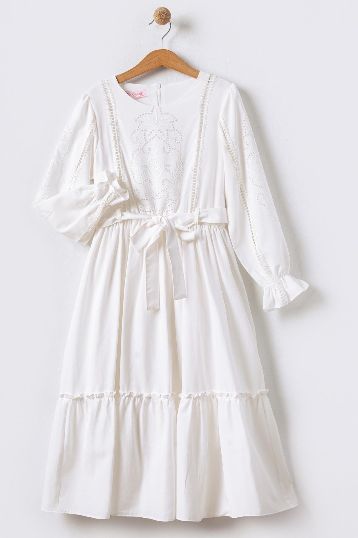 Brode Uzun Kollu Boydan Kız Çocuk Elbisesi - Ekru