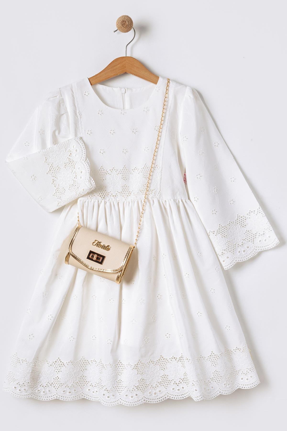 Çantalı Çiçek Nakışlı Uzun Kollu Kız Çocuk Brode Elbise - Ekru