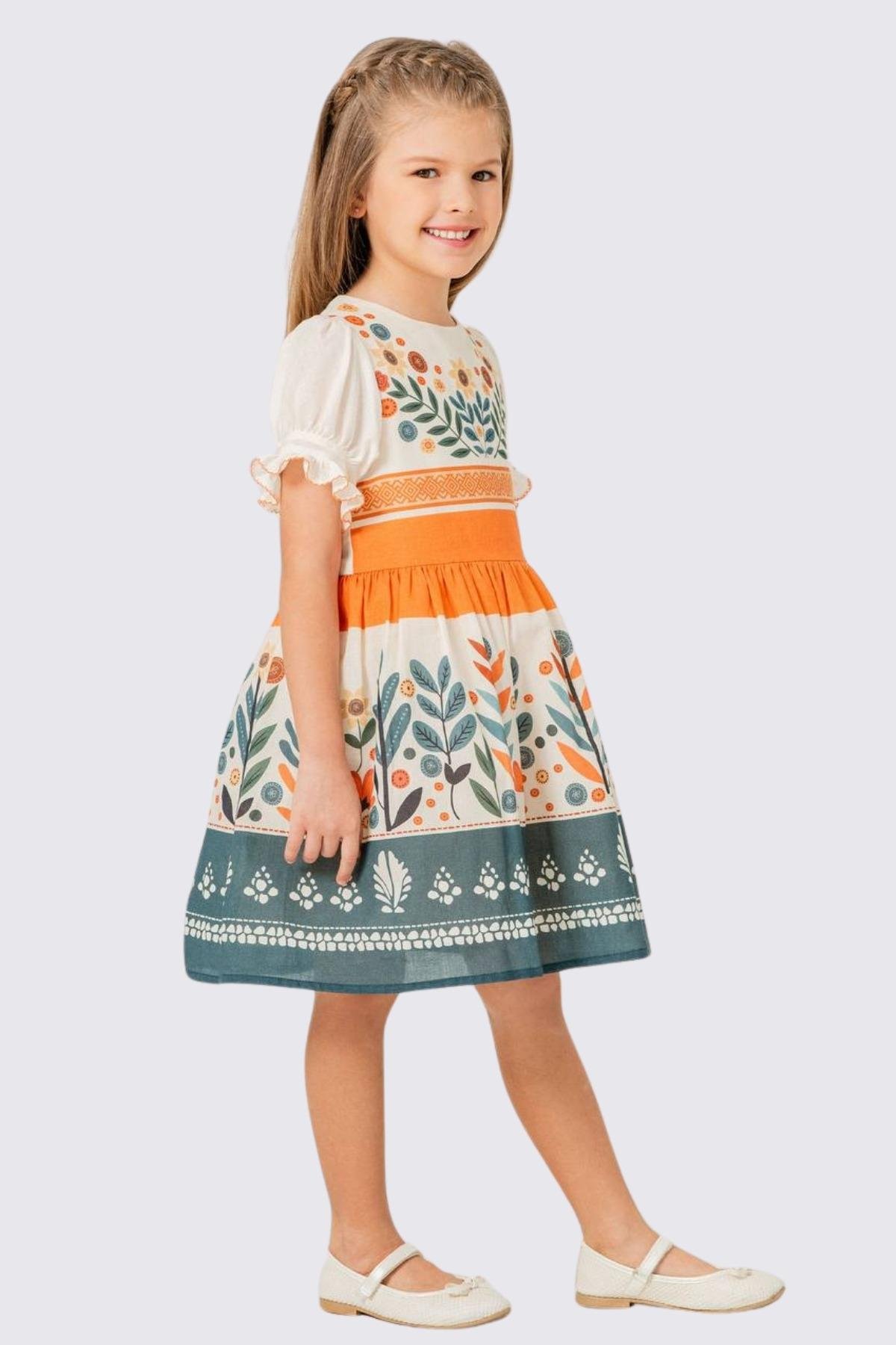Çiçek Desenli Kısa Kollu Kız Çocuk Elbisesi