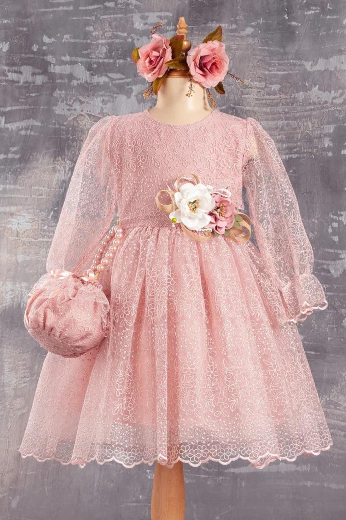 Çiçek Dokulu Dantel  Kız Çocuk Abiye Elbise – Çantalı 