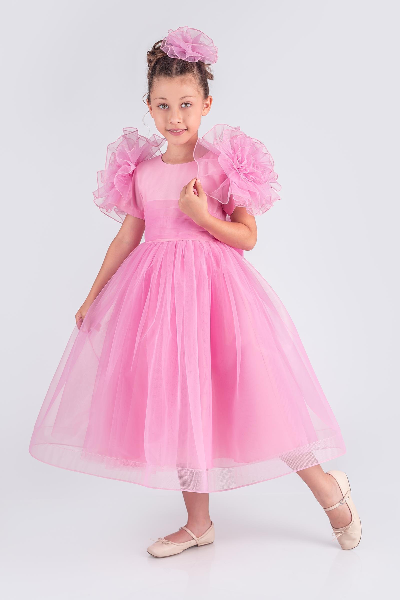 Çiçek Kollu Tüllü Abiye Elbise - Pembe