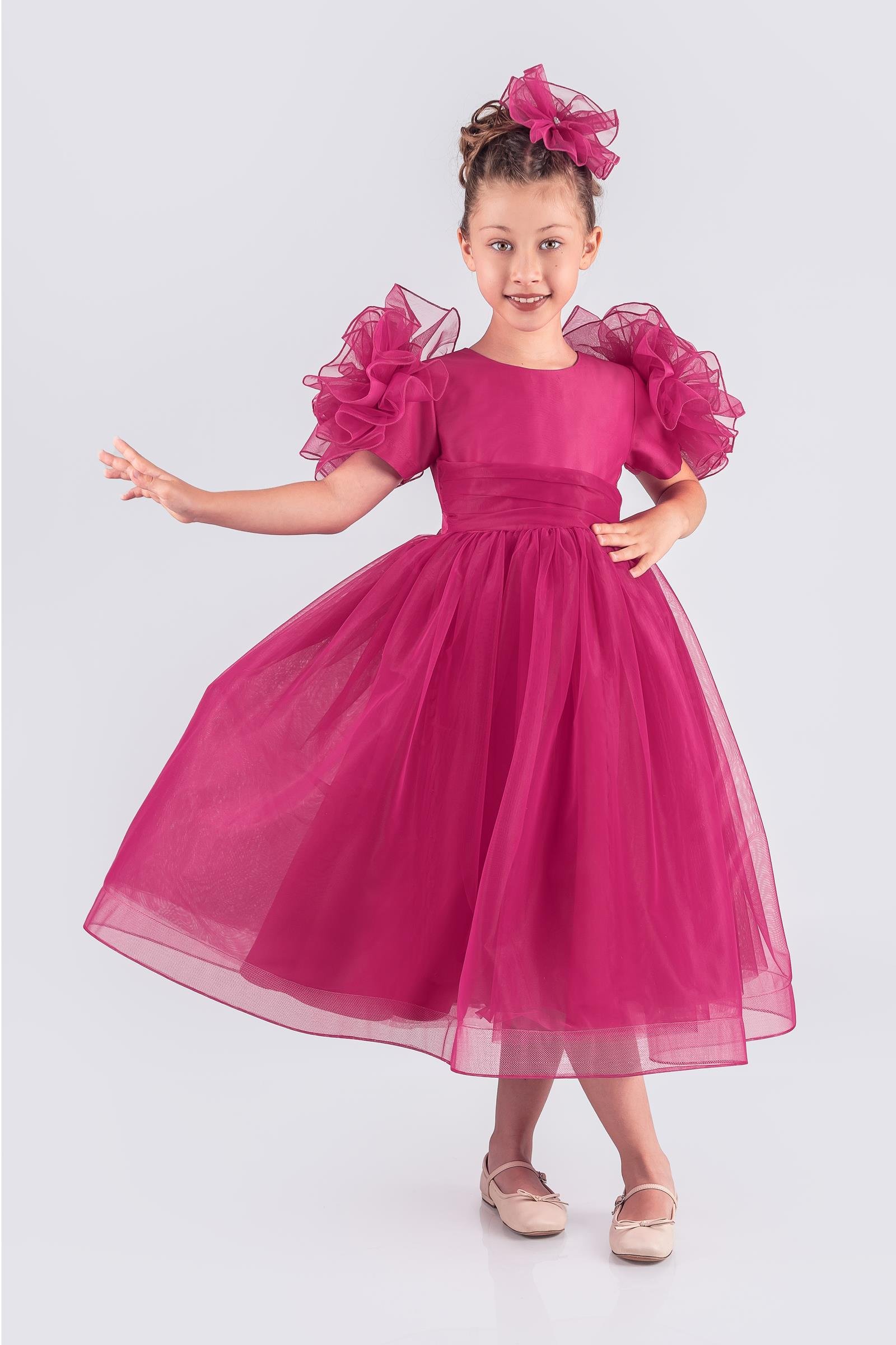 Çiçek Kollu Tüllü Kız Çocuk Abiye Elbise - Fuşya