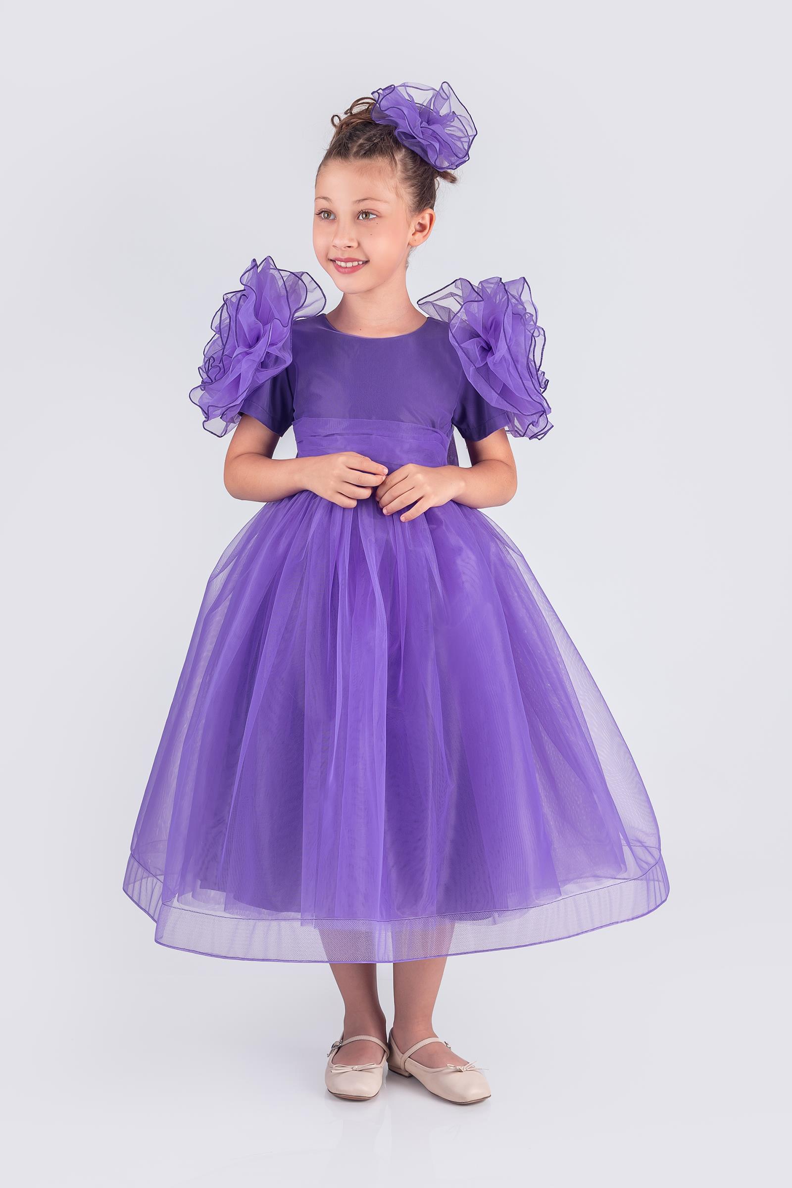 Çiçek Kollu Tüllü Kız Çocuk Abiye Elbise - Mor
