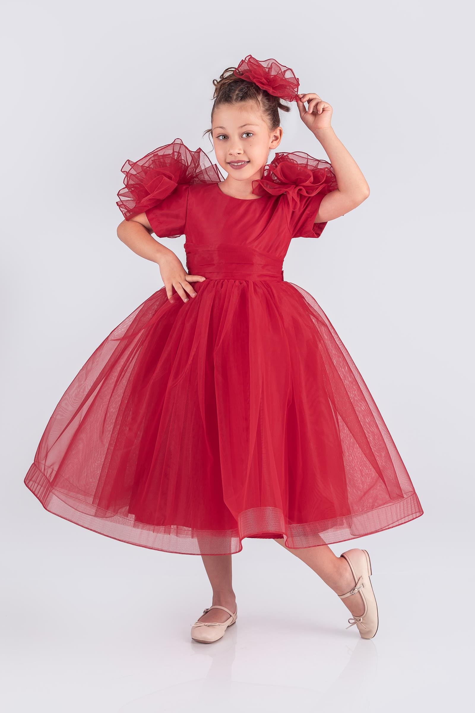 Çiçek Kollu Tüllü Kız Çocuk Abiye Elbise - Kırmızı