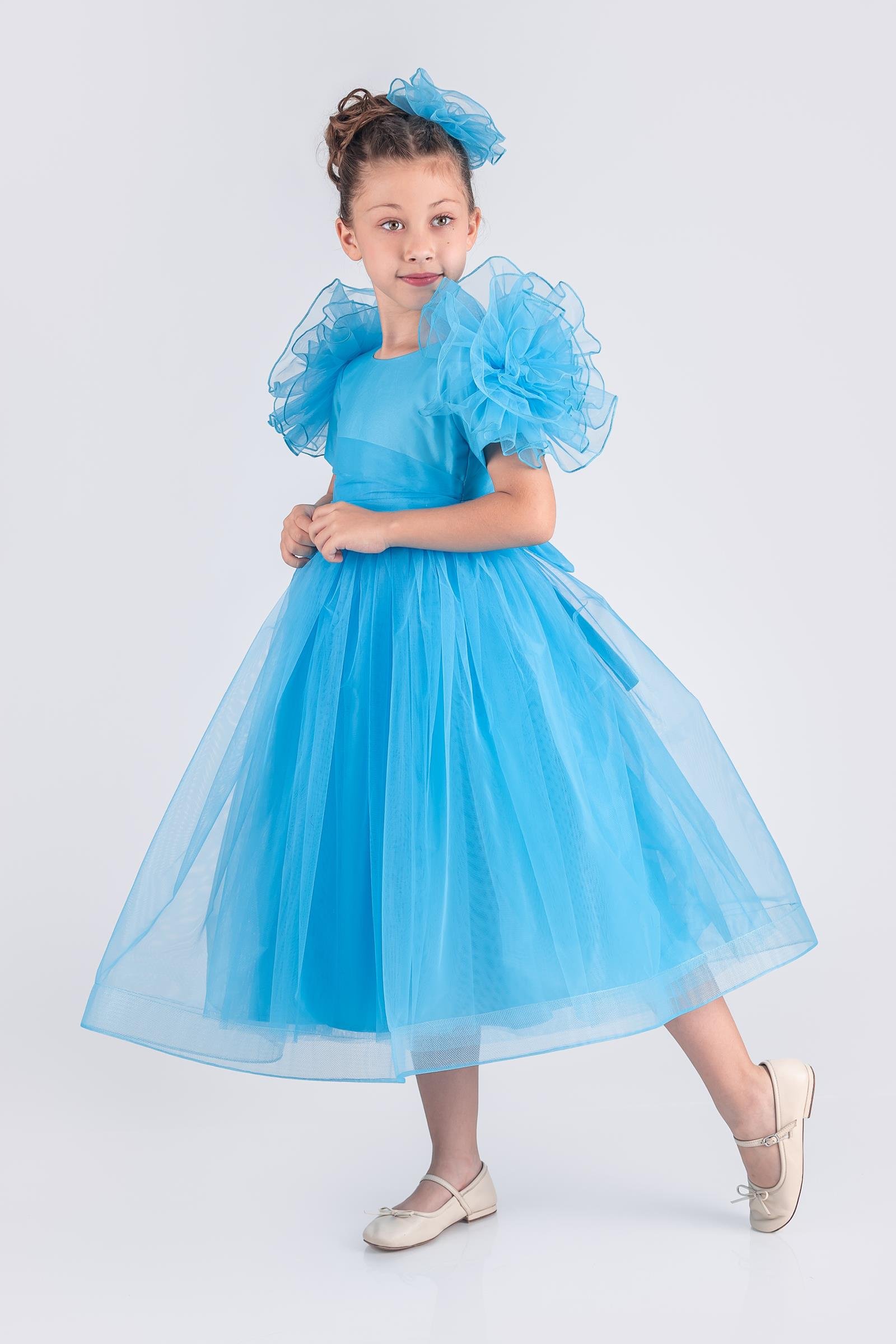 Çiçek Kollu Tüllü Kız Çocuk Abiye Elbise - Mavi