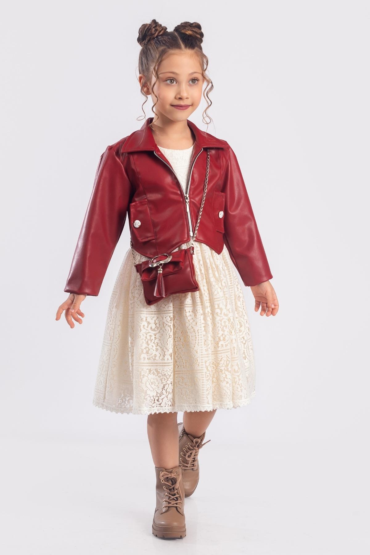 Deri Ceket ve Çantalı Dantel Elbise - Kırmızı