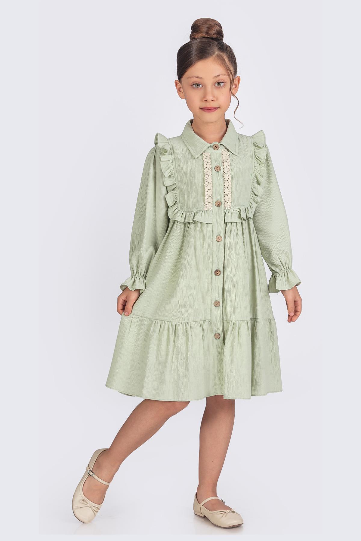 Düğmeli Bürümcük Kumaş Uzun Kollu Kız Çocuk Gömlek Elbise - Yeşil