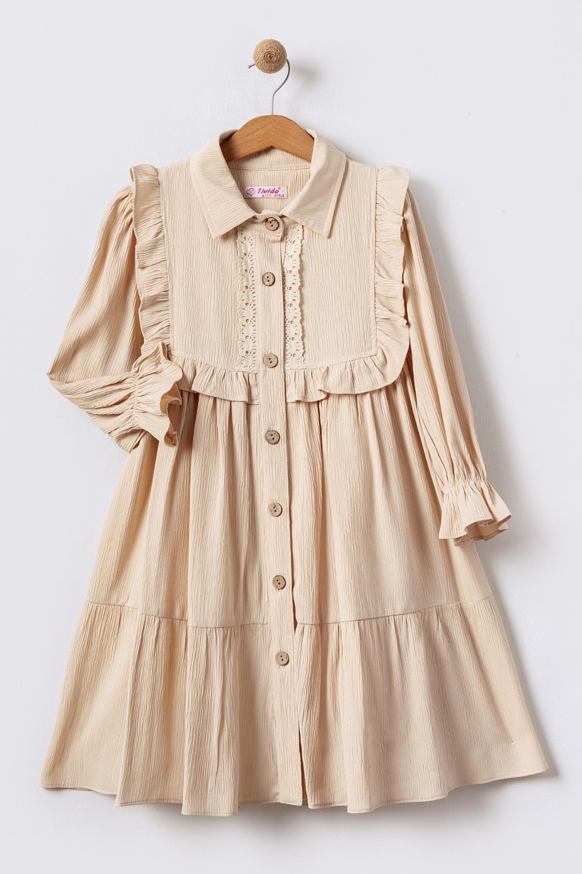 Düğmeli Bürümcük Kumaş Uzun Kollu Kız Çocuk Gömlek Elbise - Bej