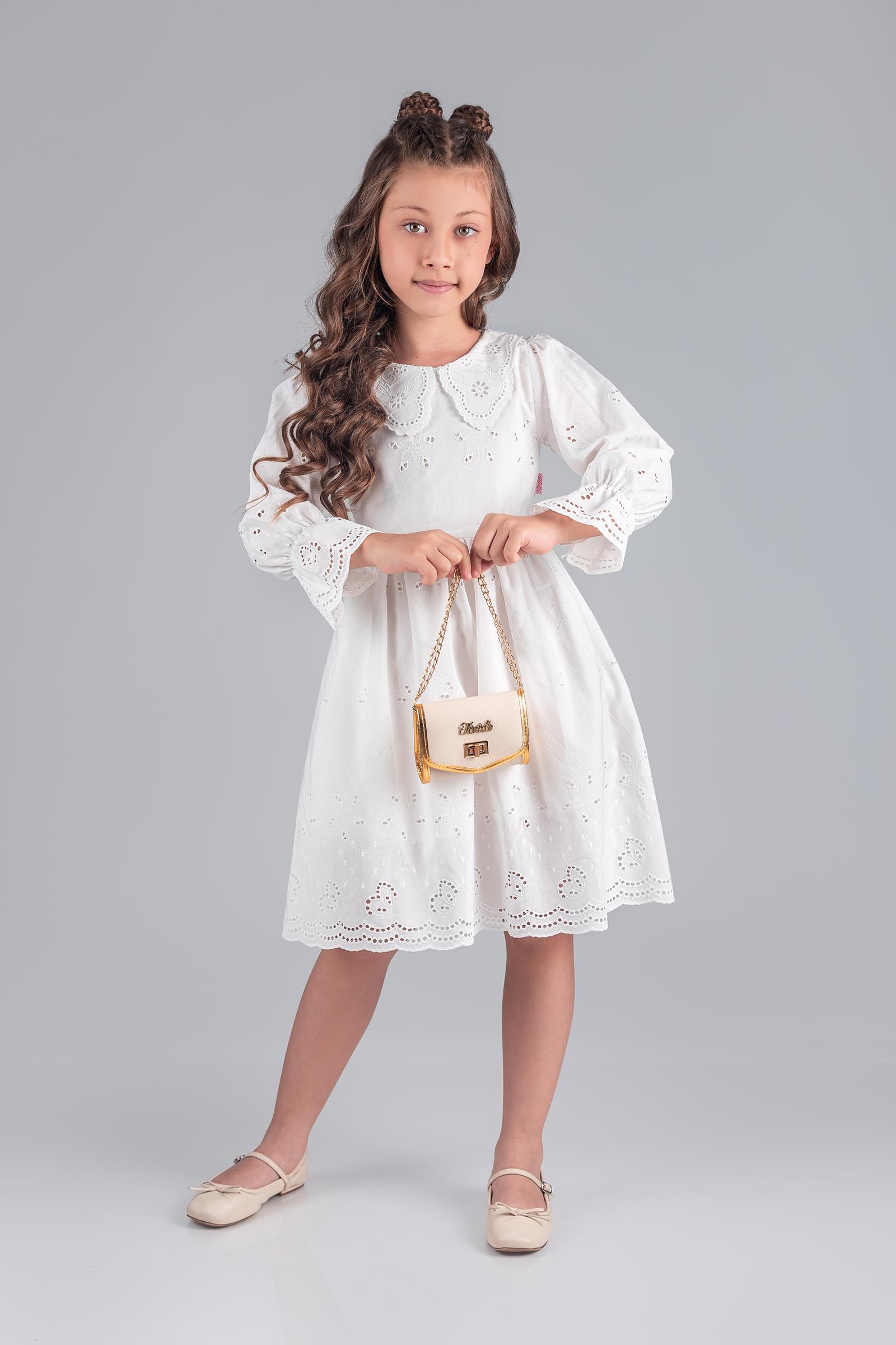Fisto Yakalı Çantalı Kız Çocuk Brode Elbise - Ekru