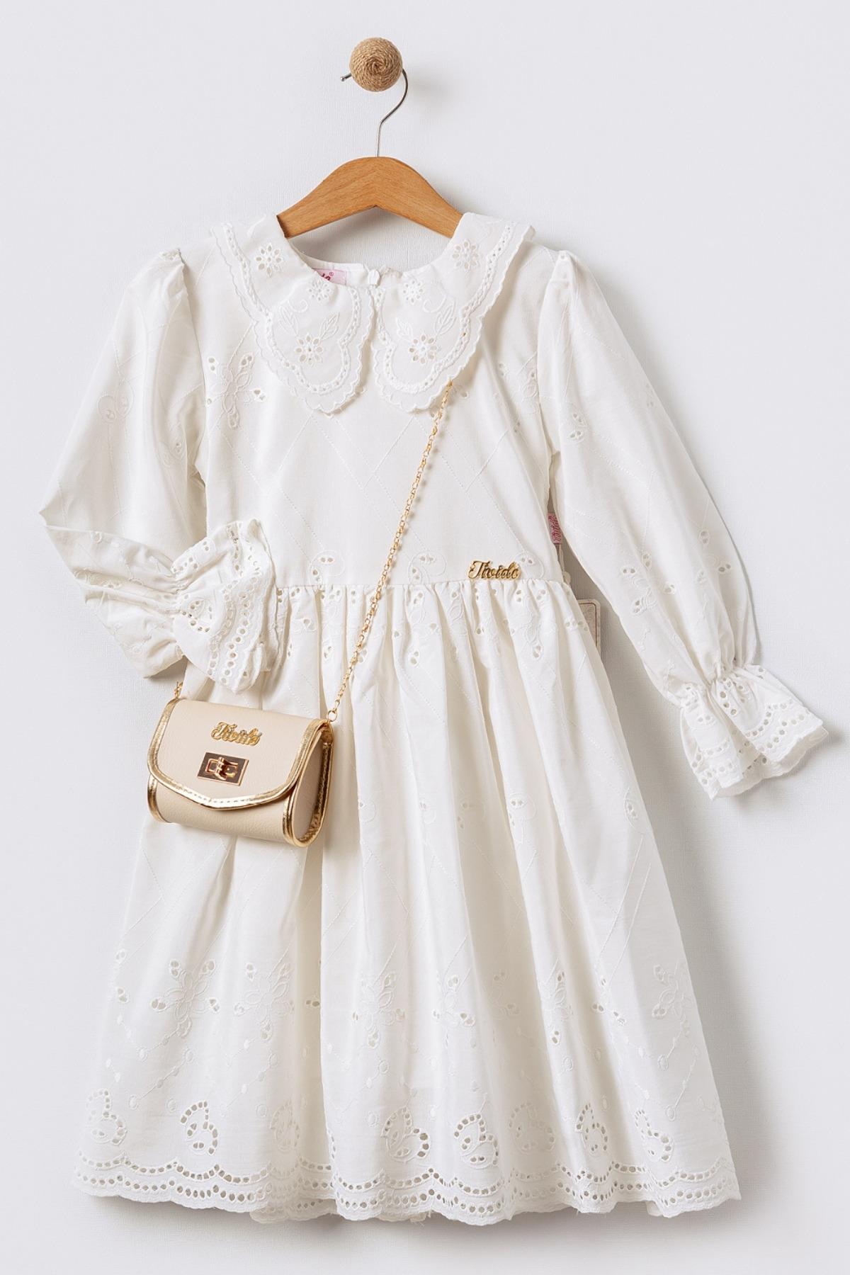 Fisto Yakalı Çantalı Uzun Kollu Kız Çocuk Brode Elbise - Ekru