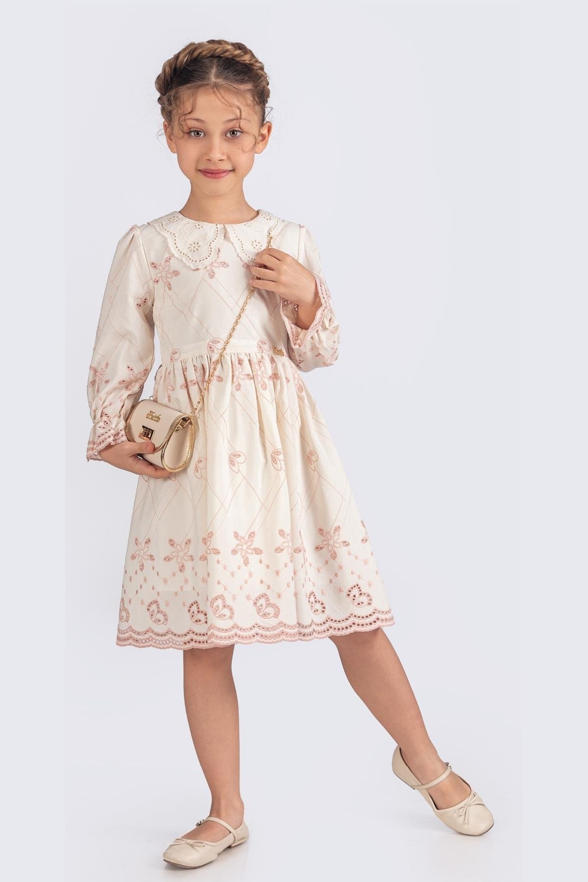 Fisto Yakalı Çantalı Uzun Kollu Kız Çocuk Brode Elbise - Pudra