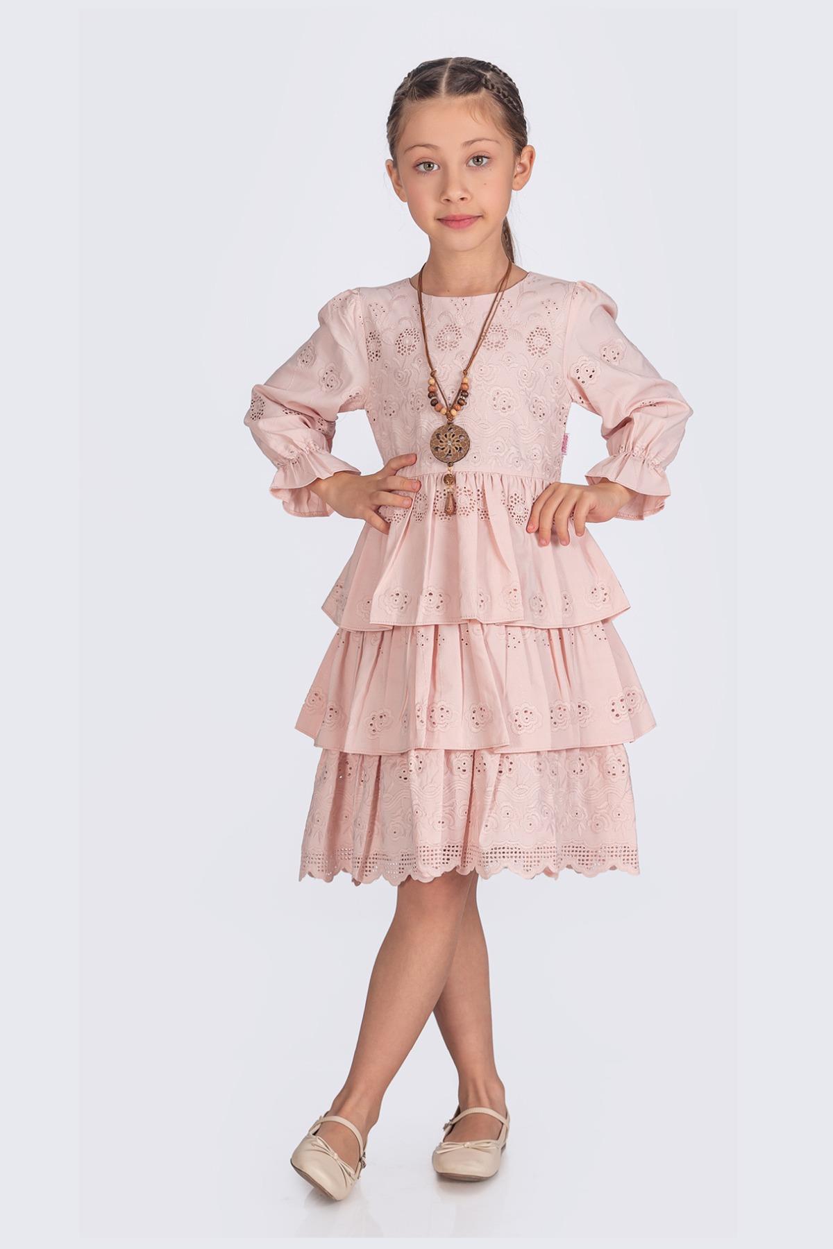Kat Kat Etekli Kolyeli Uzun Kollu Brode Kız Çocuk Elbisesi - Pembe
