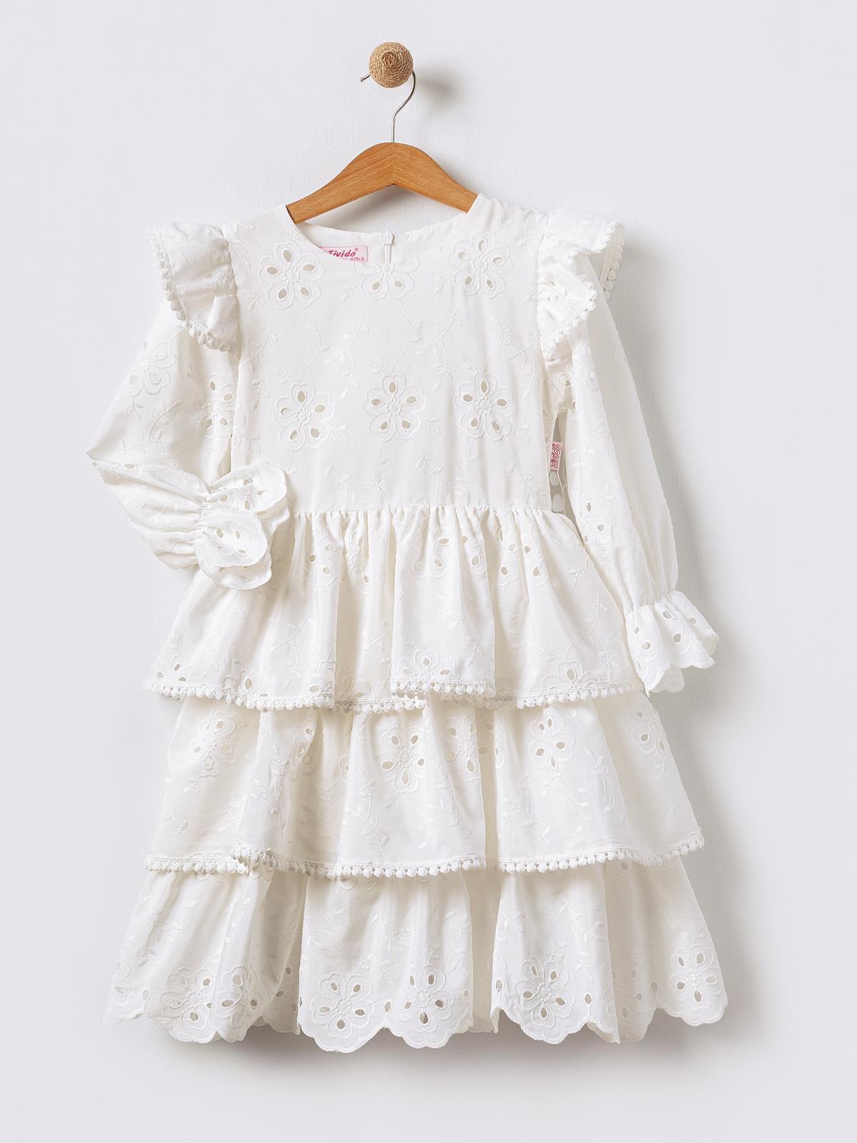 Kat Kat Etekli Uzun Kollu Brode Kız Çocuk Elbisesi - Ekru