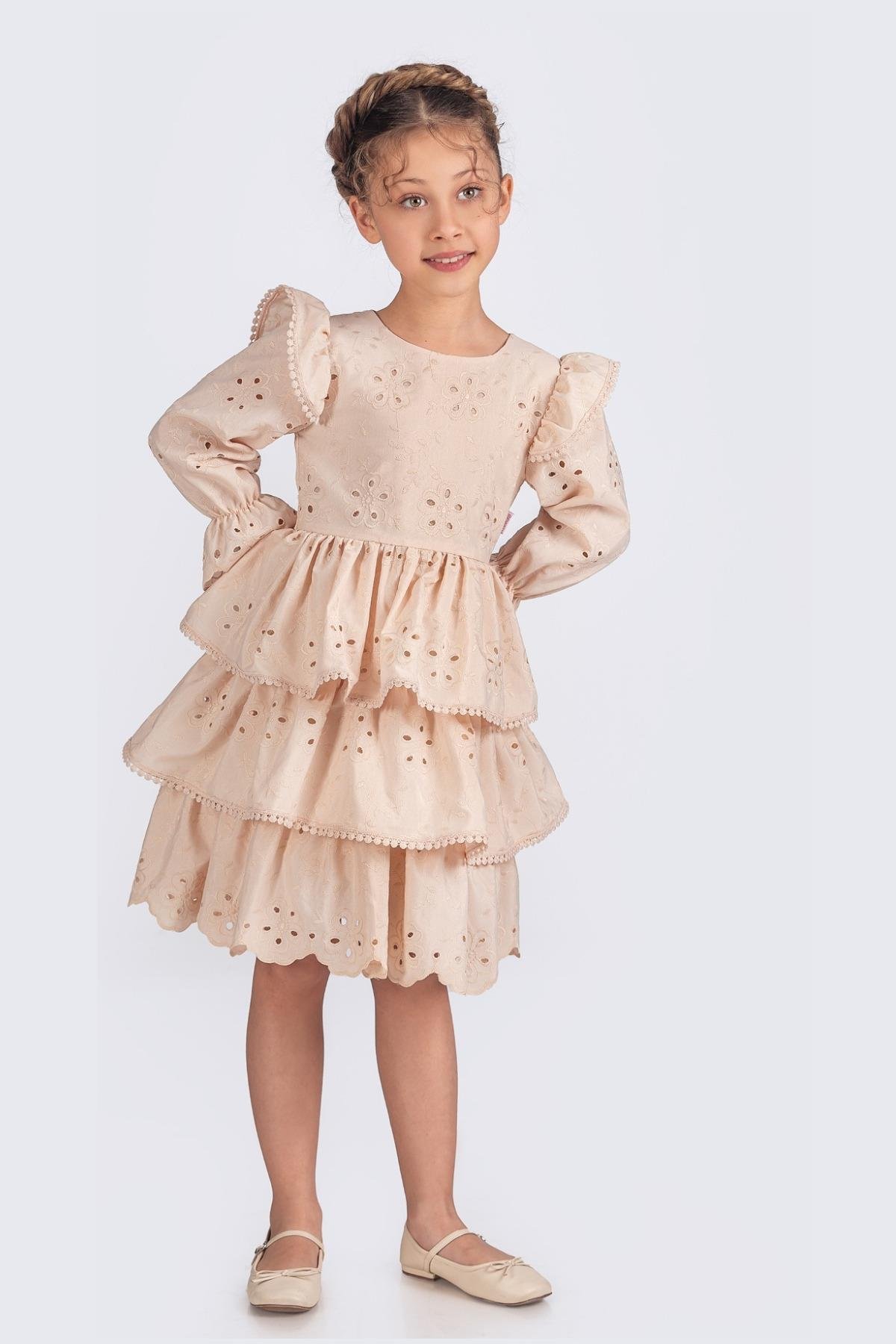 Kat Kat Etekli Uzun Kollu Brode Kız Çocuk Elbisesi - Bej