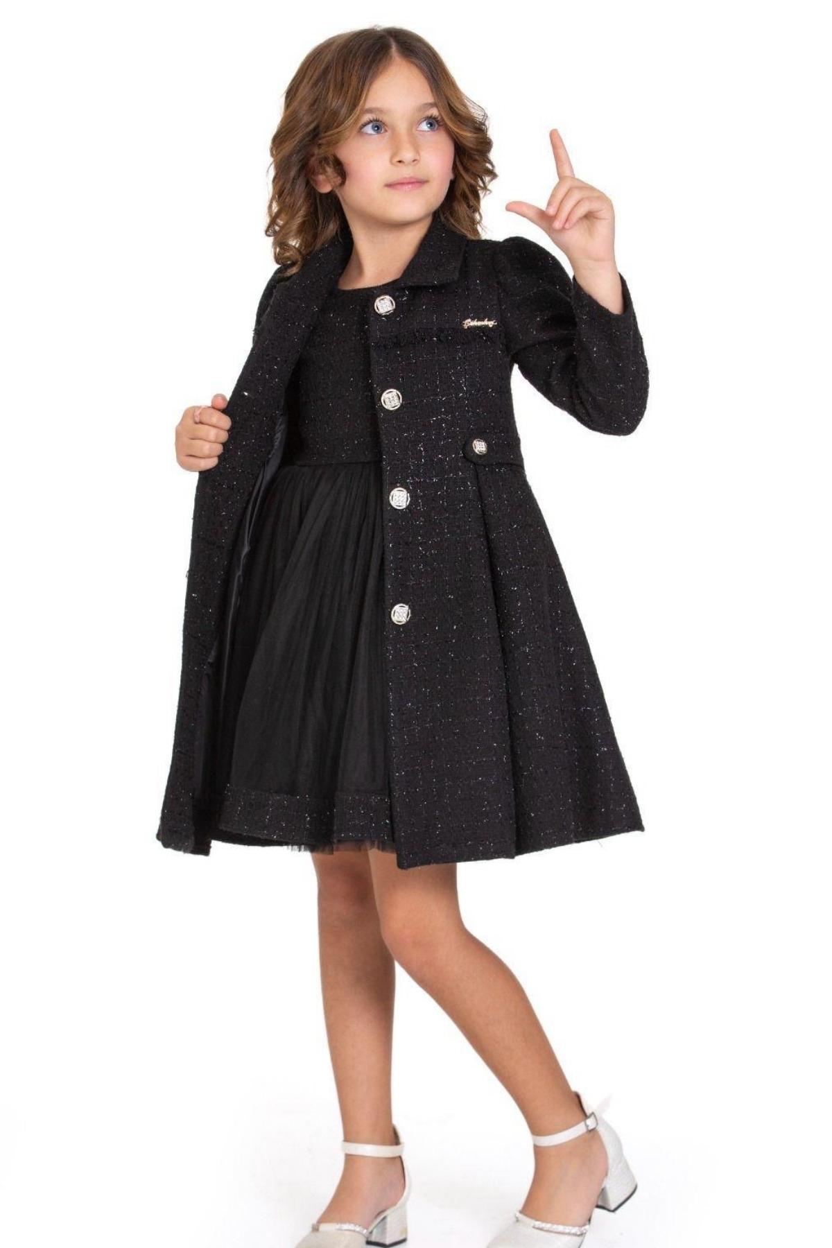 Kışlık Uzun Ceketli Kız Çocuk Abiye Elbise - Siyah