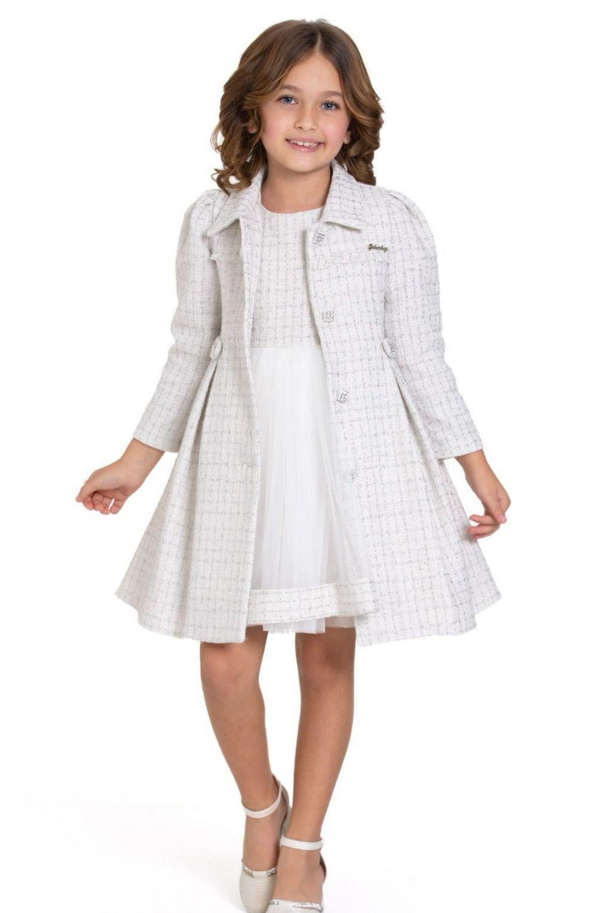 Kışlık Uzun Ceketli Kız Çocuk Abiye Elbise - Beyaz