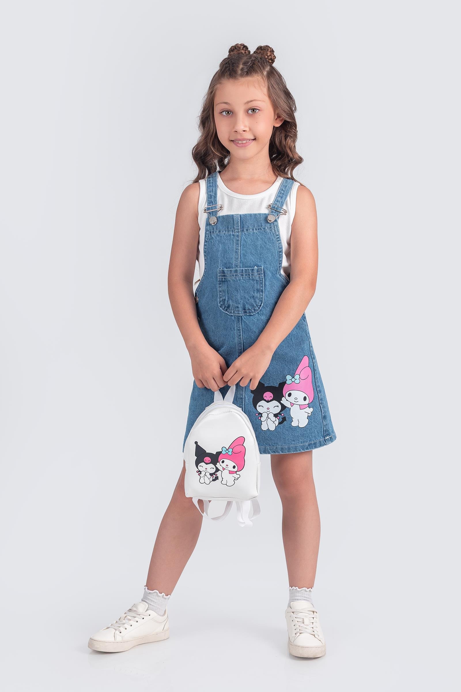 Kuromi Desenli Kız Çocuk Kot Jile Elbise - Çantalı